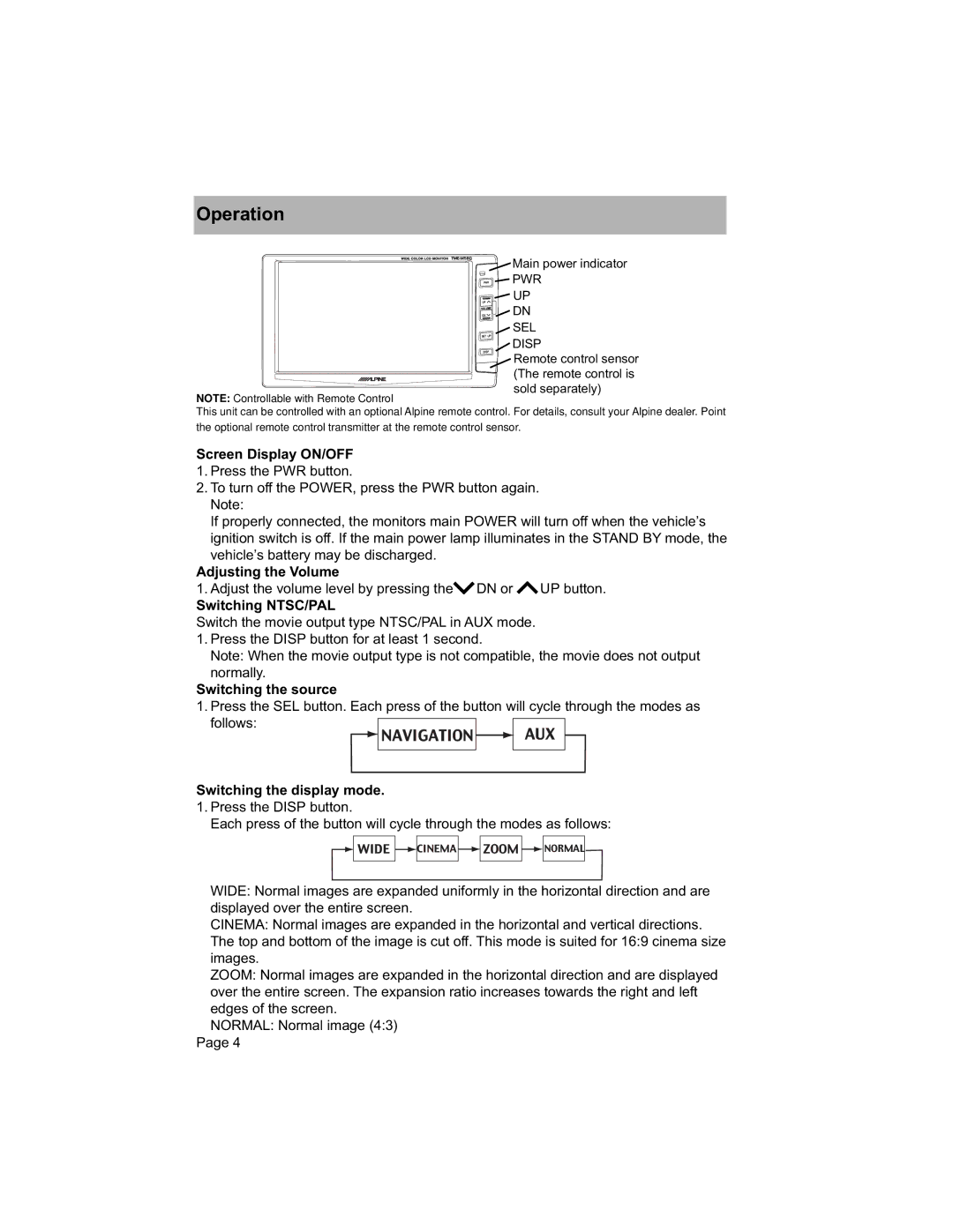 GE TME-M580 owner manual Operation, PWR SEL Disp 