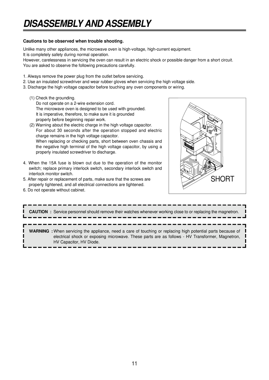 GE TMW-1100EC, TMW-800TC, TMW-1100MC manual Disassembly and Assembly, Short 