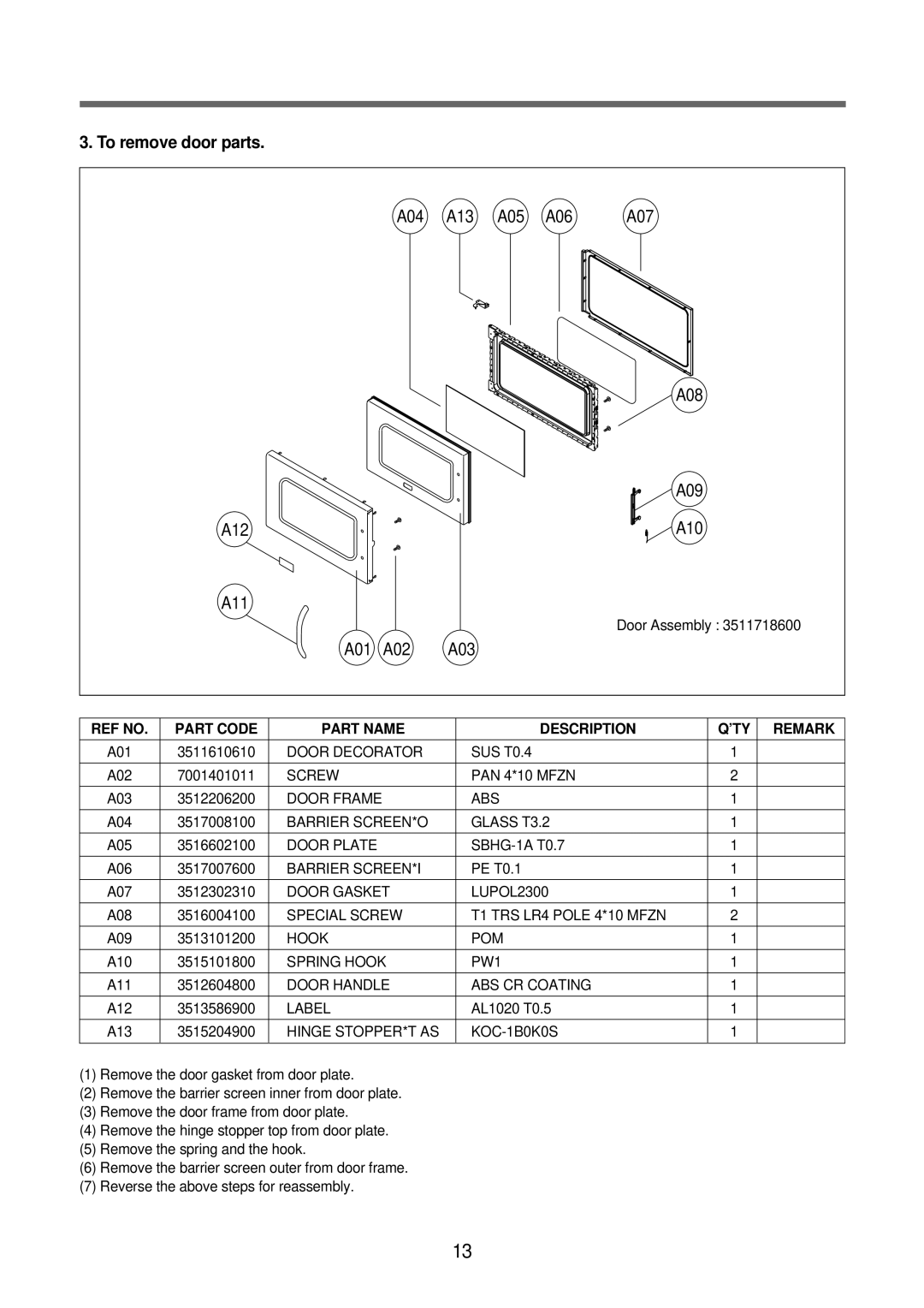 GE TMW-1100EC, TMW-800TC, TMW-1100MC manual Part Code Part Name Description 