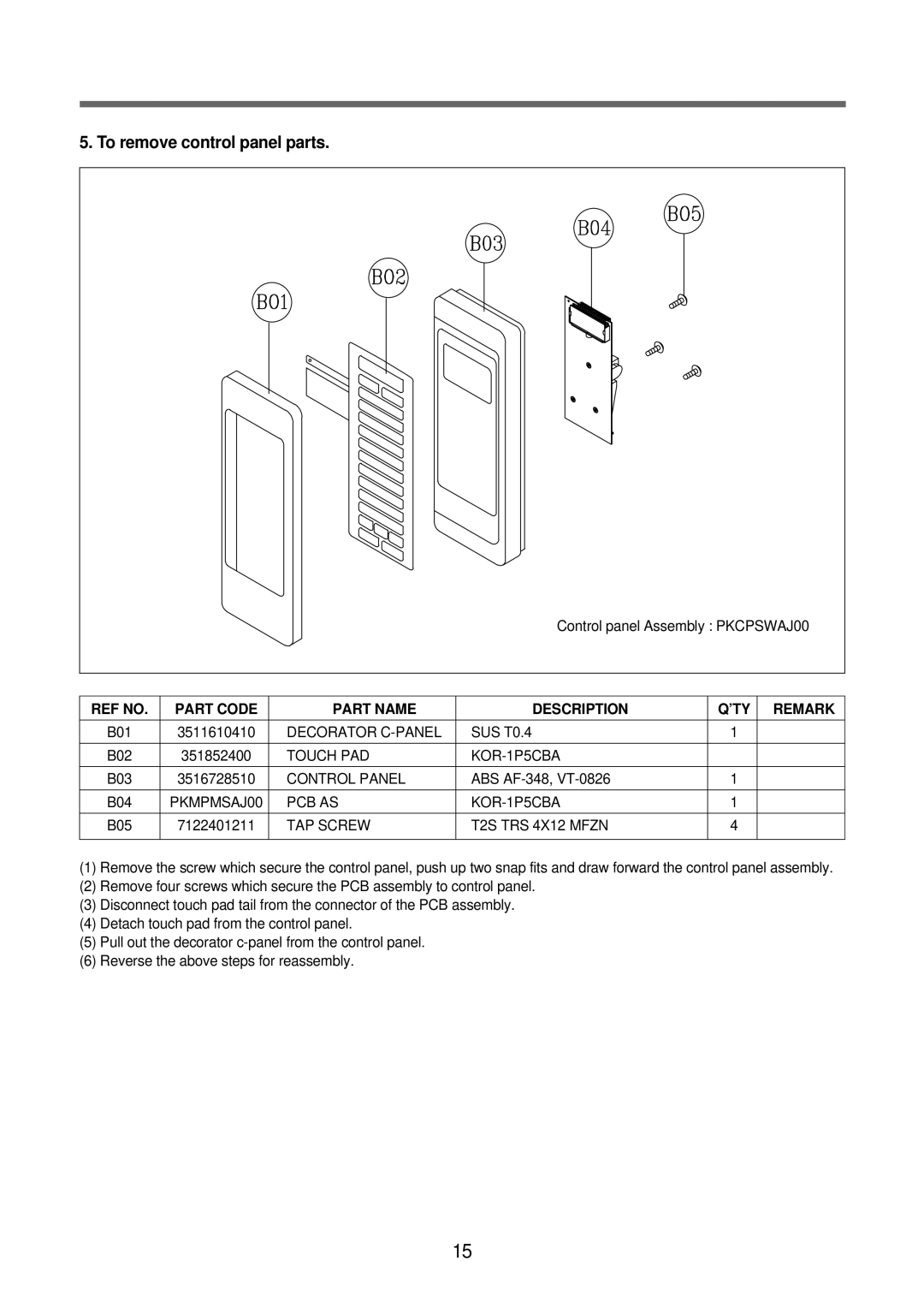 GE TMW-1100MC, TMW-1100EC, TMW-800TC manual REF no Part Code Part Name Description ’TY Remark 