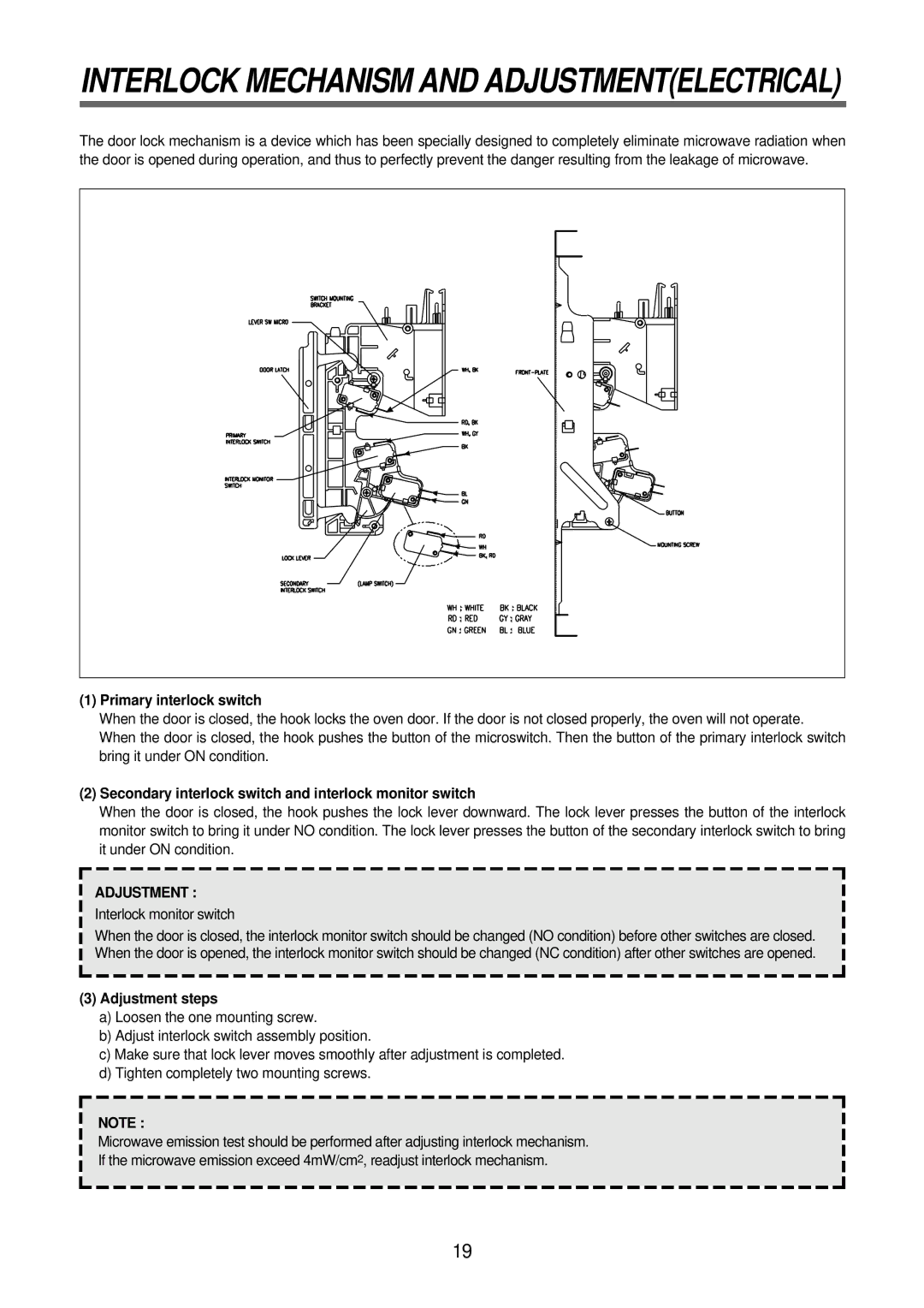 GE TMW-1100M, TMW-800T manual Primary interlock switch, Secondary interlock switch and interlock monitor switch, Adjustment 