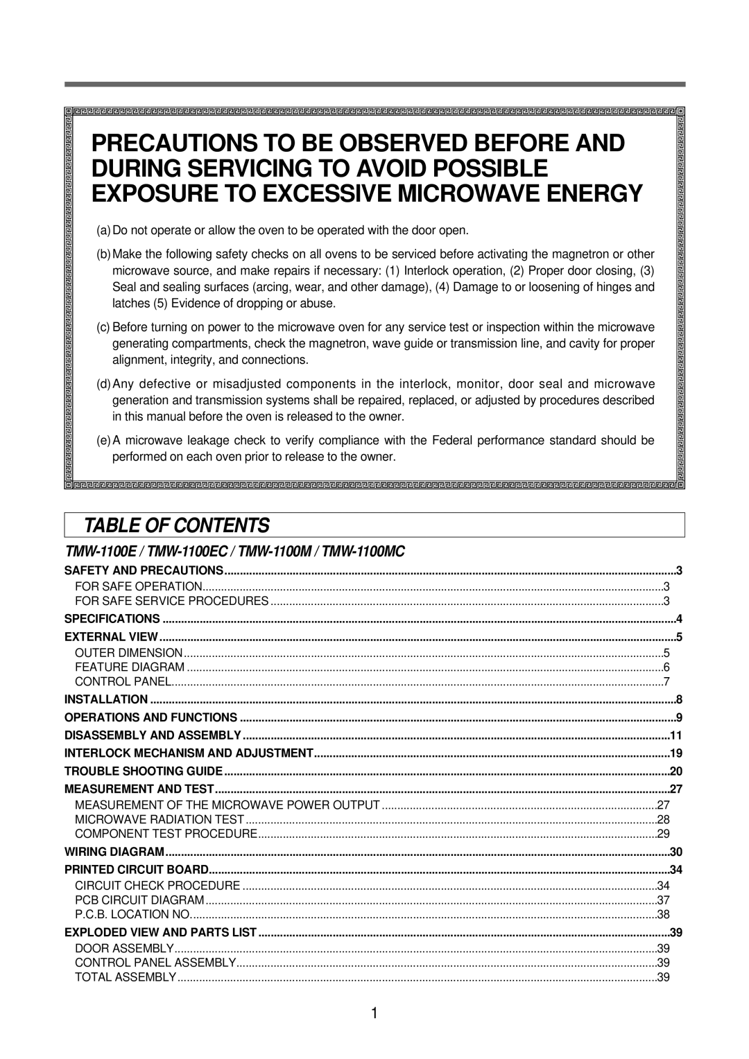 GE TMW-1100EC, TMW-800TC, TMW-1100MC manual Table of Contents 