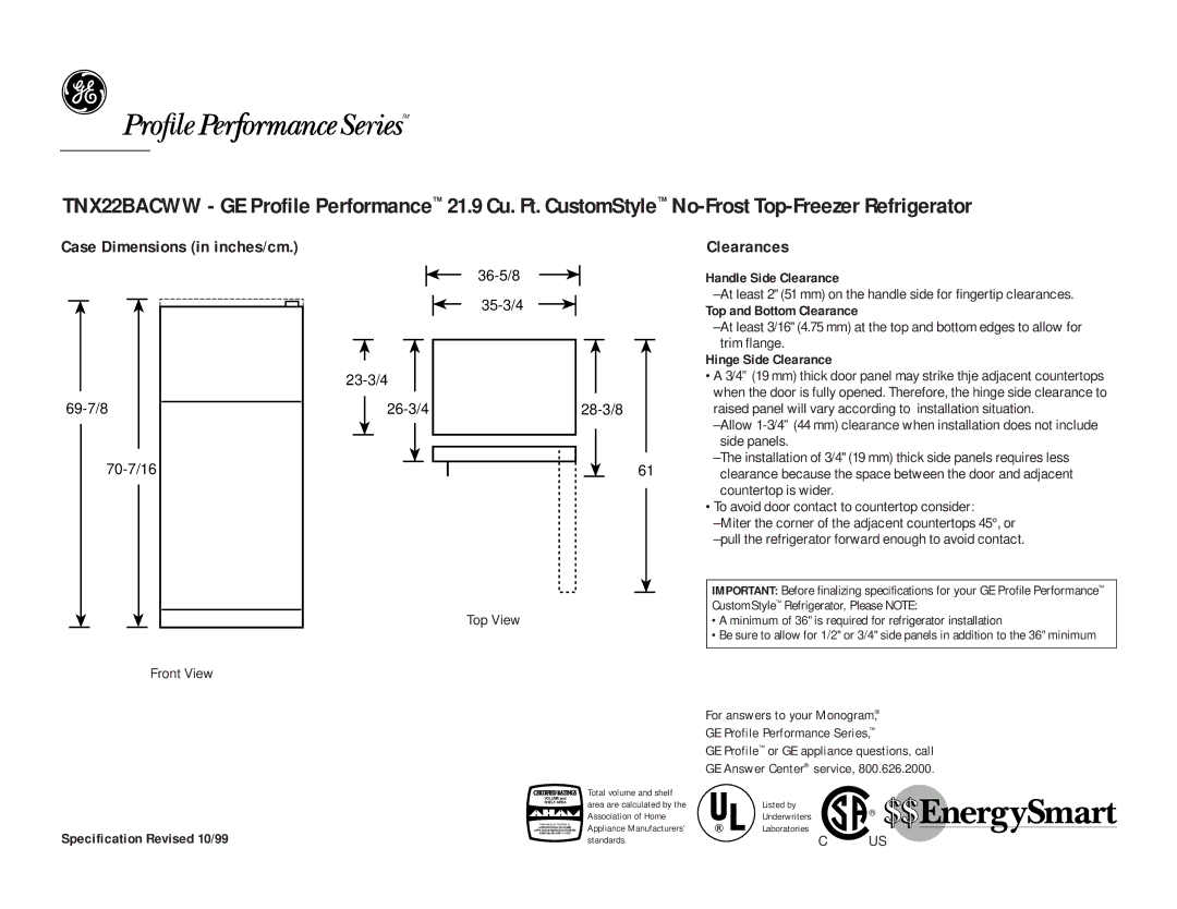 GE TNX22BACWW, TNX22BACBB dimensions Case Dimensions in inches/cm, Clearances 