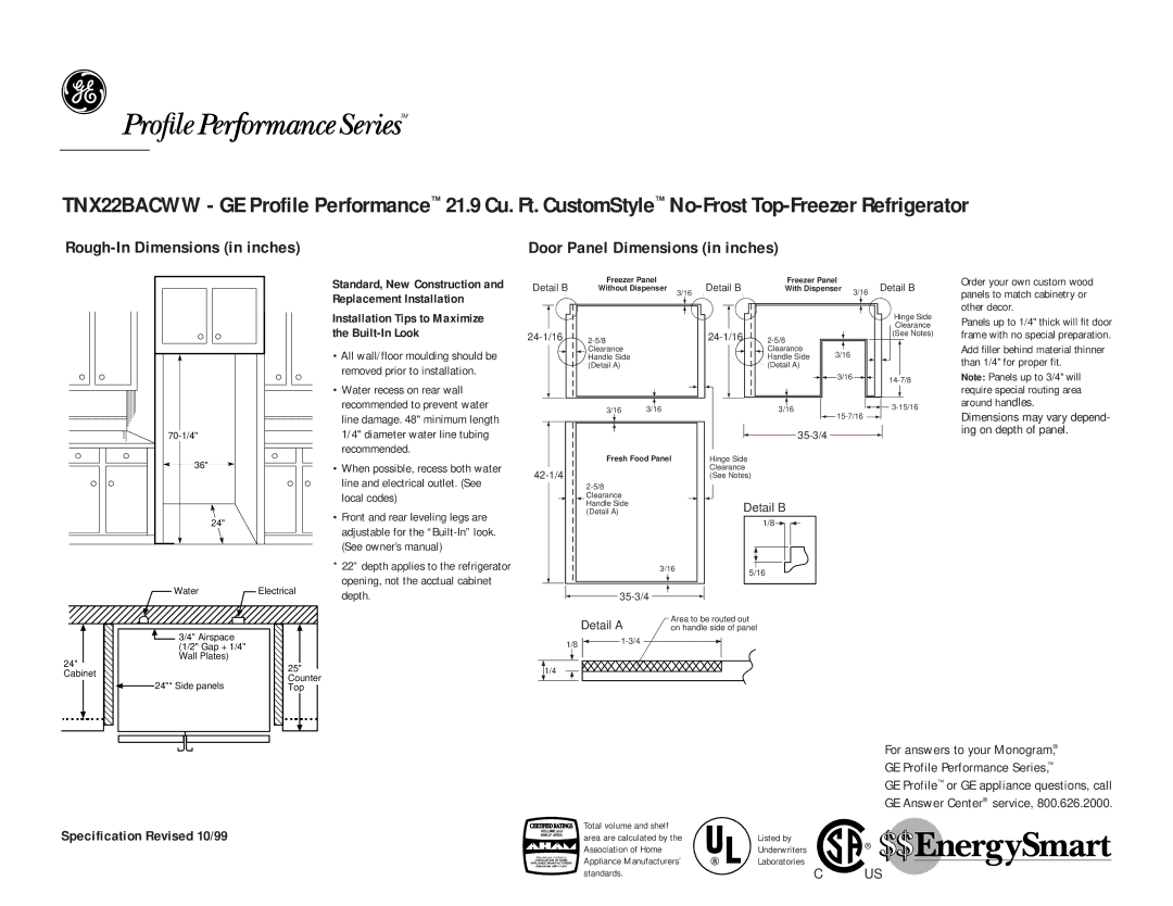 GE TNX22BACBB, TNX22BACWW dimensions Rough-In Dimensions in inches, Door Panel Dimensions in inches 