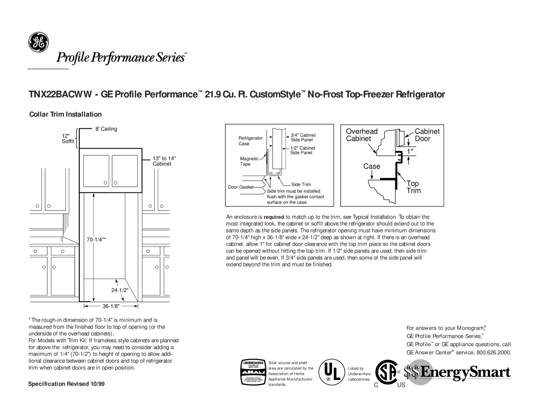 GE TNX22BACWW, TNX22BACBB dimensions Collar Trim Installation, Soffit Ceiling 13 to 14 Cabinet 