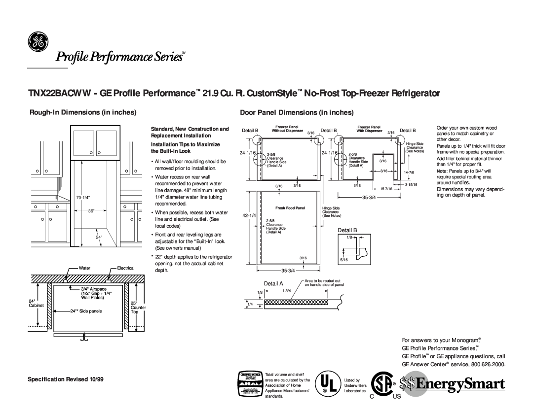 GE TNX22BACBB Rough-In Dimensions in inches, Door Panel Dimensions in inches, Specification Revised 10/99, recommended 
