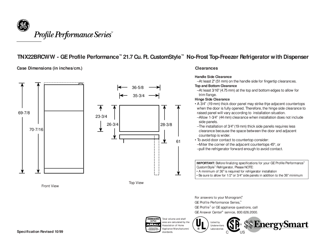 GE TNX22BRCWW, TNX22BRCBB dimensions Case Dimensions in inches/cm, Clearances 