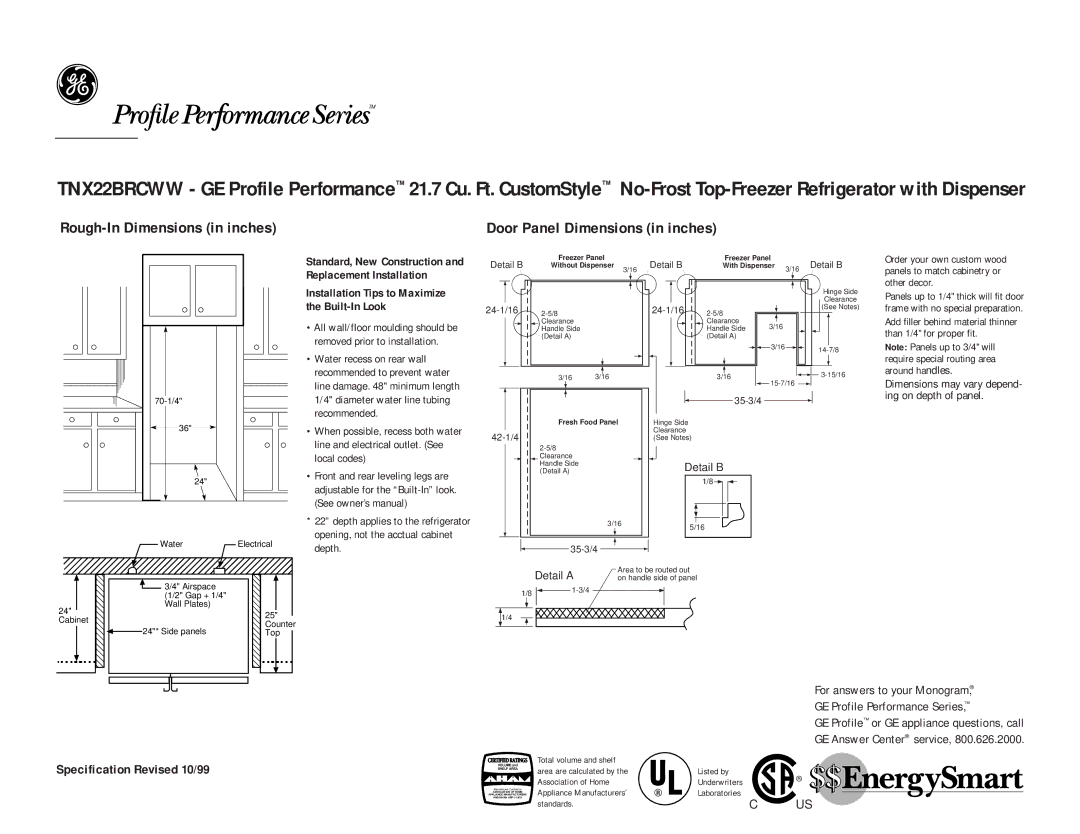 GE TNX22BRCBB, TNX22BRCWW dimensions Rough-In Dimensions in inches, Door Panel Dimensions in inches 