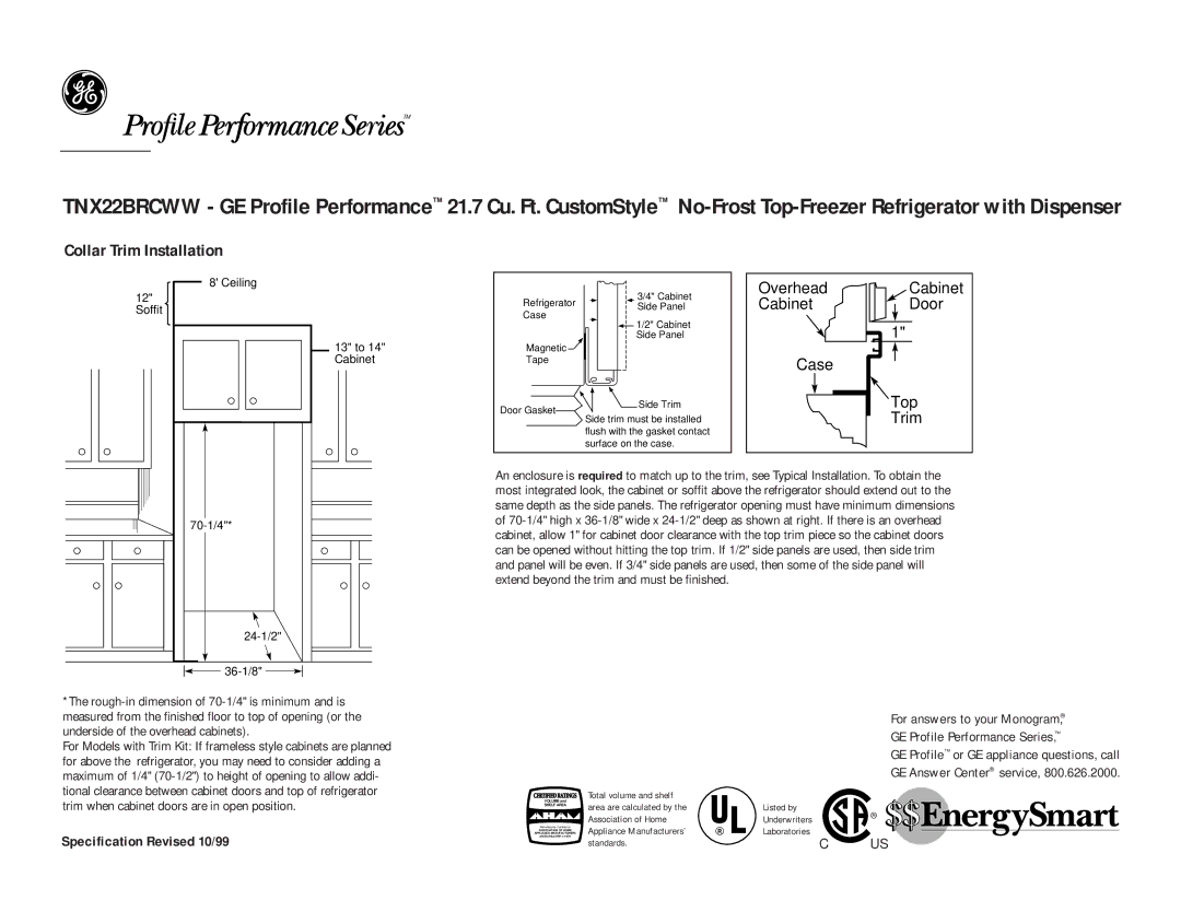 GE TNX22BRCWW, TNX22BRCBB dimensions Collar Trim Installation, Ceiling Soffit 13 to 14 Cabinet 