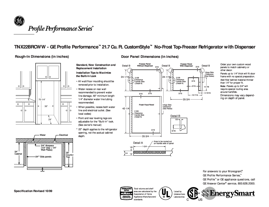 GE TNX22BRCBB Rough-In Dimensions in inches, Door Panel Dimensions in inches, Specification Revised 10/99, recommended 