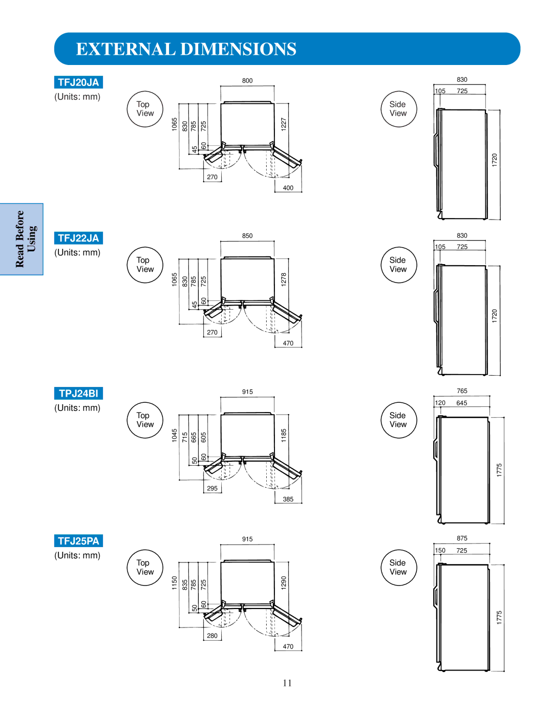 GE TPJ24BI, TFJ22JA, TFJ20JA specifications External Dimensions, TFJ25PA 