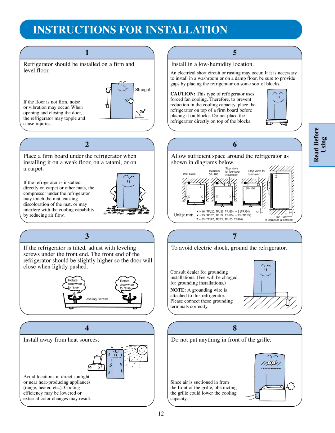 GE TFJ25PA, TPJ24BI, TFJ22JA Instructions for Installation, Refrigerator should be installed on a firm and level floor 