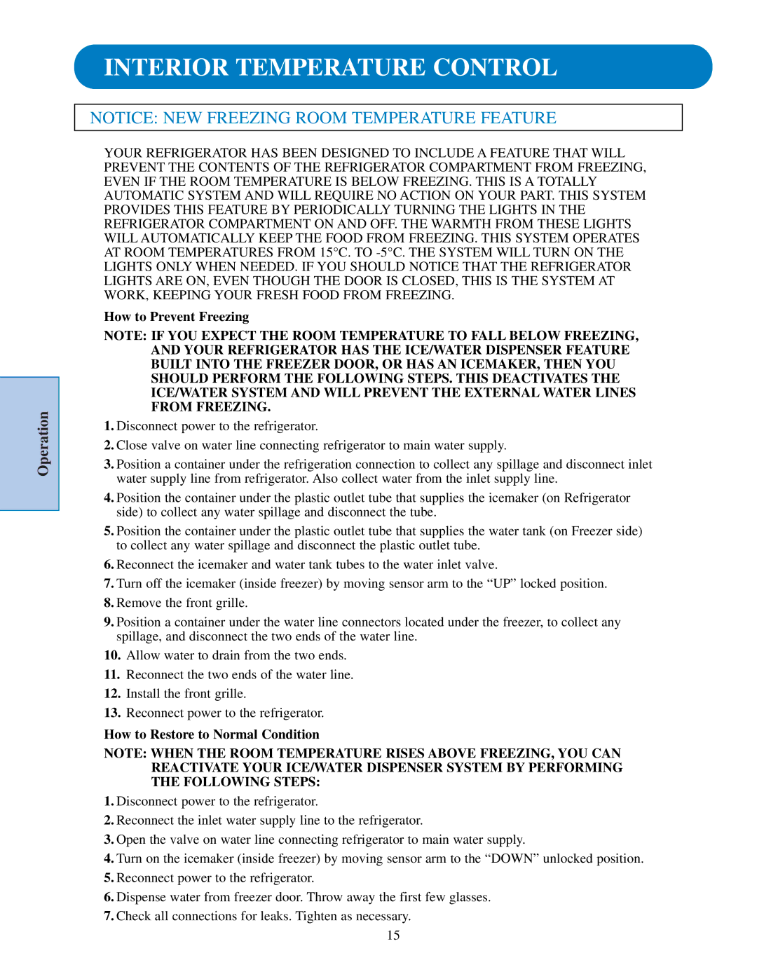 GE TPJ24BI, TFJ25PA, TFJ22JA, TFJ20JA specifications Interior Temperature Control, How to Prevent Freezing 