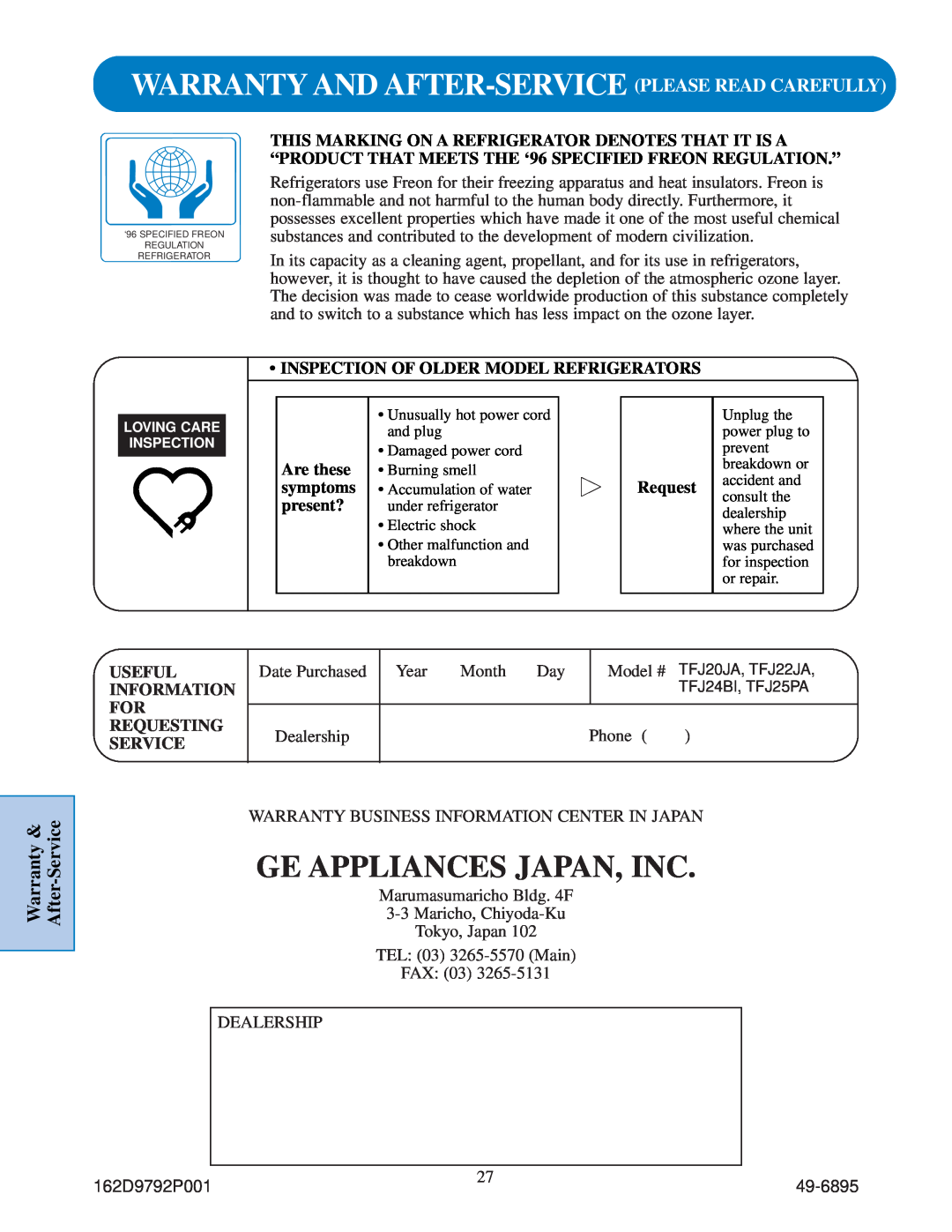 GE TPJ24BI, TFJ25PA Ge Appliances Japan, Inc, Warranty And After-Service Please Read Carefully, Warranty & After-Service 