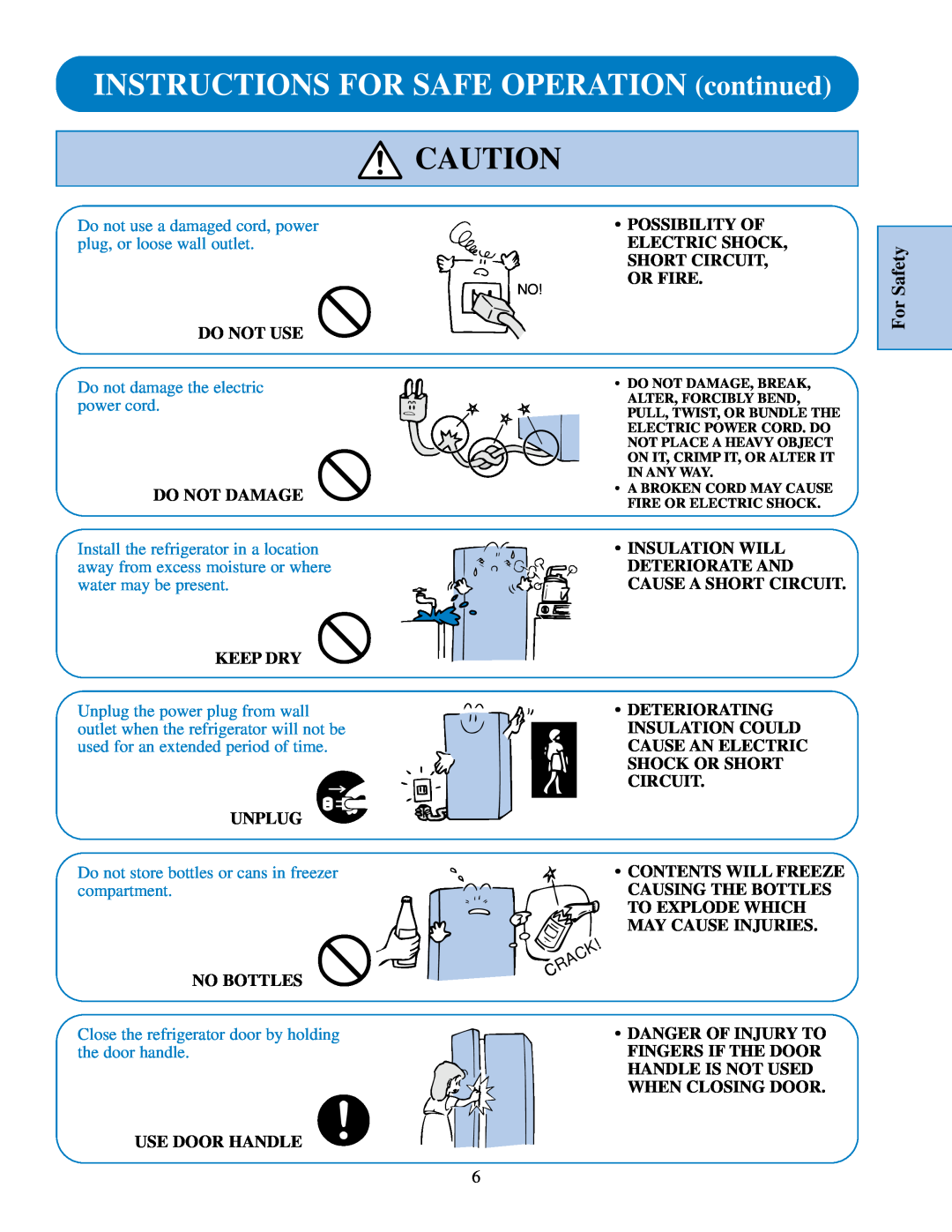 GE TFJ20JA INSTRUCTIONS FOR SAFE OPERATION continued, For Safety, Do not use a damaged cord, power, the door handle 