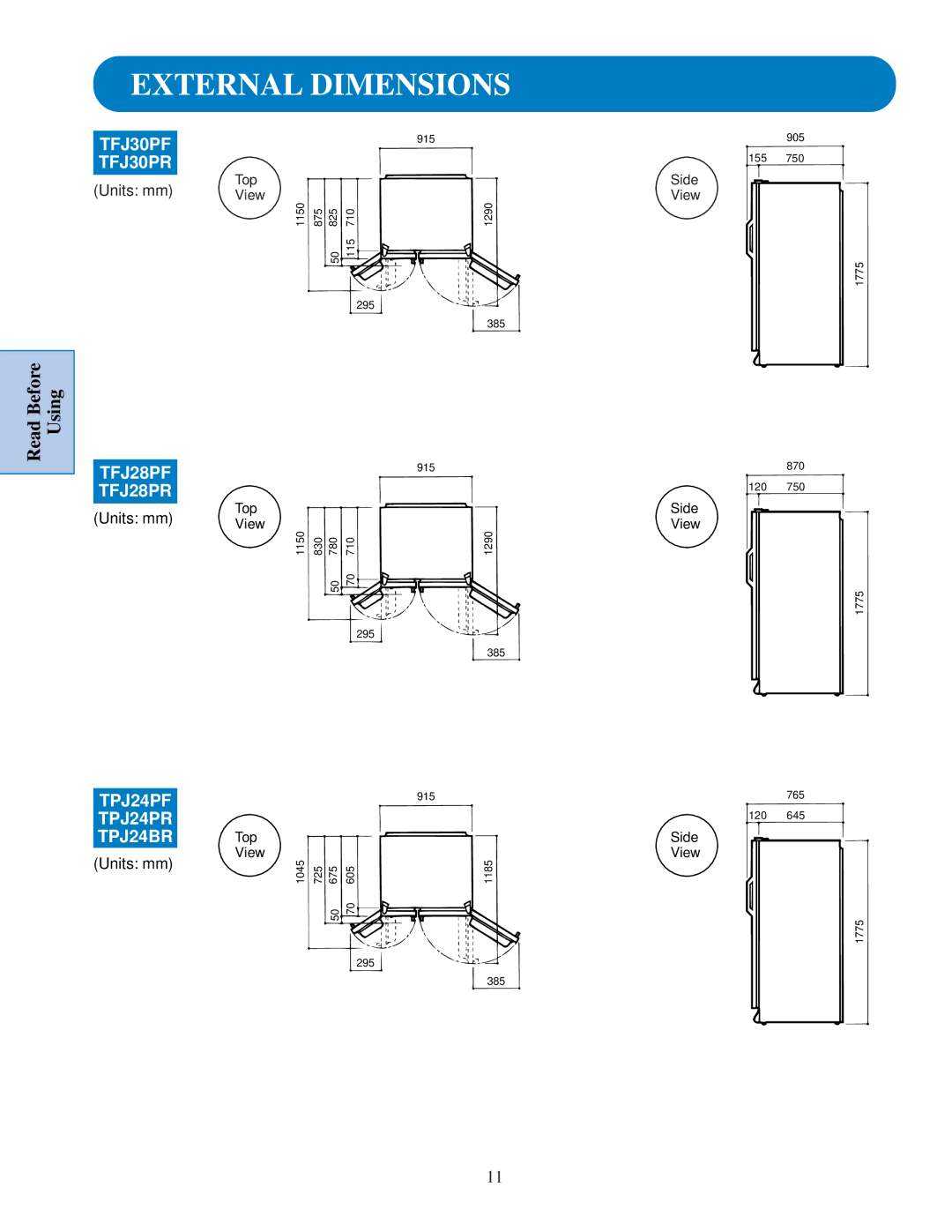 GE TFJ28PR, TFJ30PF, TFJ30PR, TFJ22PR, TFJ20JR, TFJ25PR, TFJ28PF manual External Dimensions, TPJ24PF TPJ24PR TPJ24BR 