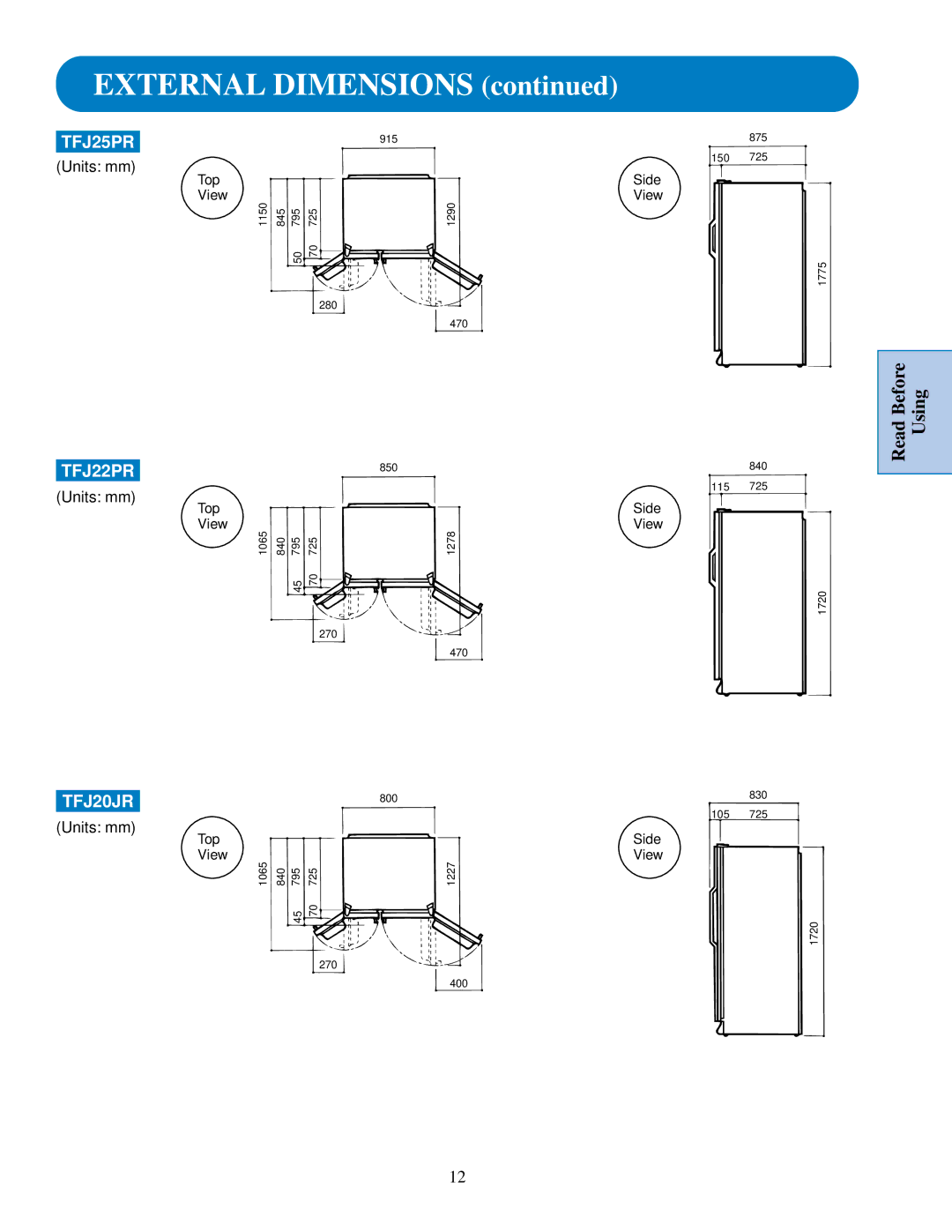 GE TFJ28PR, TPJ24PR, TPJ24BR, TPJ24PF, TFJ30PF, TFJ30PR, TFJ22PR, TFJ20JR, TFJ25PR, TFJ28PF manual External Dimensions 