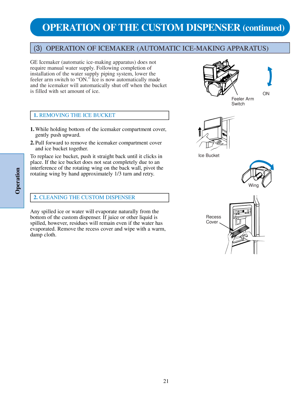 GE TPJ24PF, TPJ24PR, TPJ24BR, TFJ28PR, TFJ30PF Operation of Icemaker Automatic ICE-MAKING Apparatus, Removing the ICE Bucket 