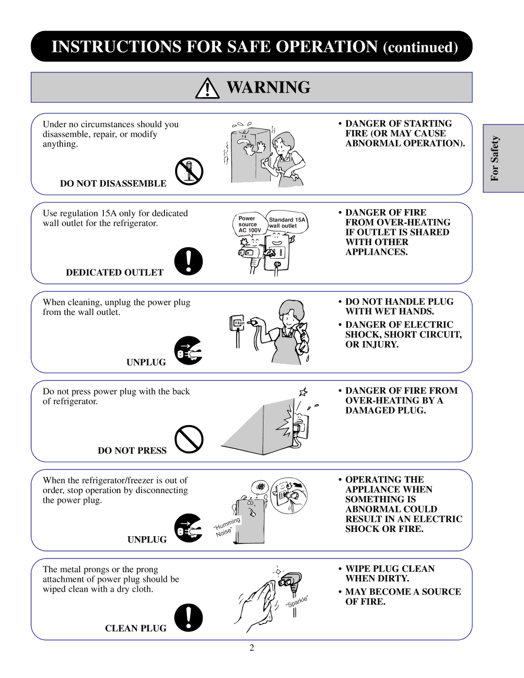 GE TFJ28PR Do not Disassemble, Dedicated Outlet, Unplug, Do not Handle Plug with WET Hands, Do not Press, Wipe Plug Clean 