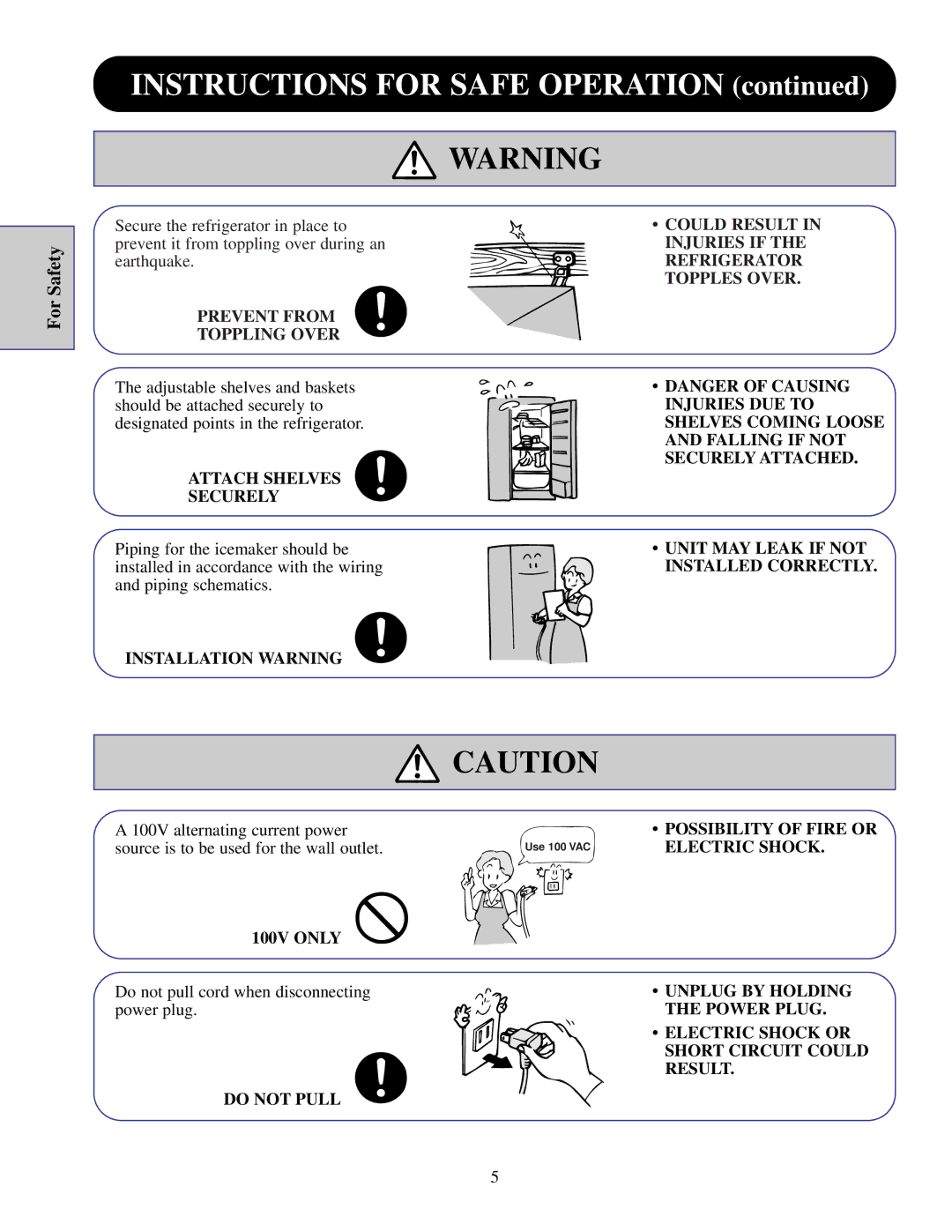 GE TFJ22PR Prevent from Toppling Over, Attach Shelves Securely, Installation Warning, Electric Shock, 100V only, Result 