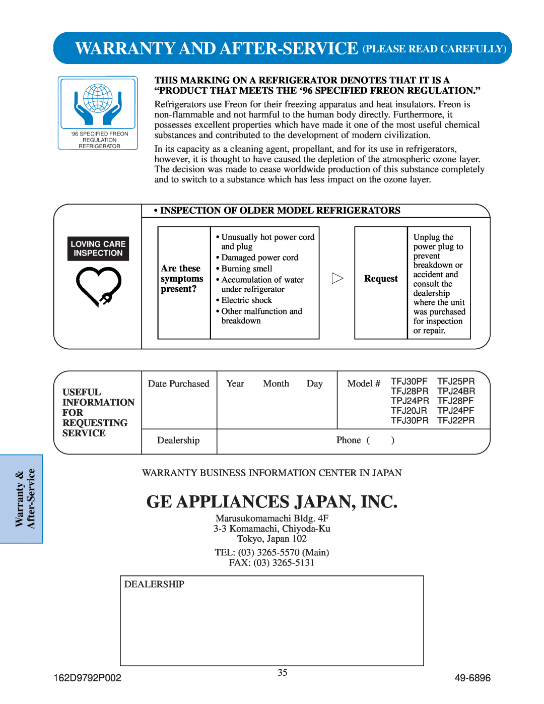 GE TFJ22PR, TPJ24PR Ge Appliances Japan, Inc, Warranty And After-Service Please Read Carefully, Warranty & After-Service 