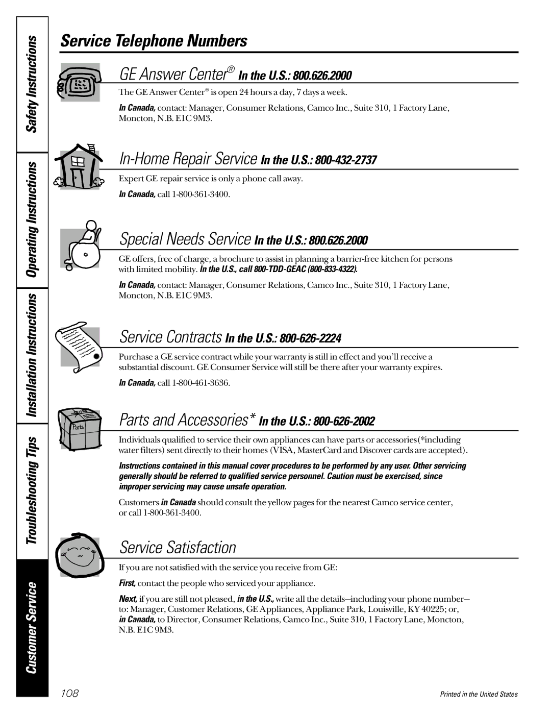 GE TPX24PBDBB, TPX24PBDCC, TPX24PBDWW, TPX24PBDAA, TPS24PBDBS owner manual Service Telephone Numbers, Service Satisfaction 