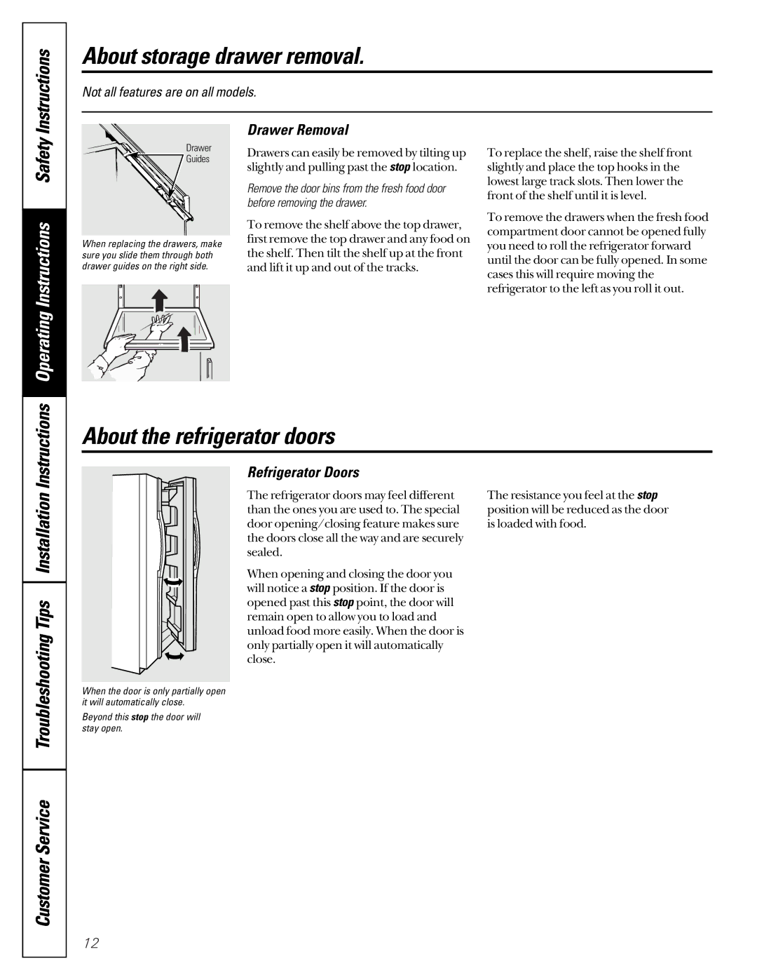 GE TPX24PBDAA, TPX24PBDCC About storage drawer removal, About the refrigerator doors, Drawer Removal, Refrigerator Doors 