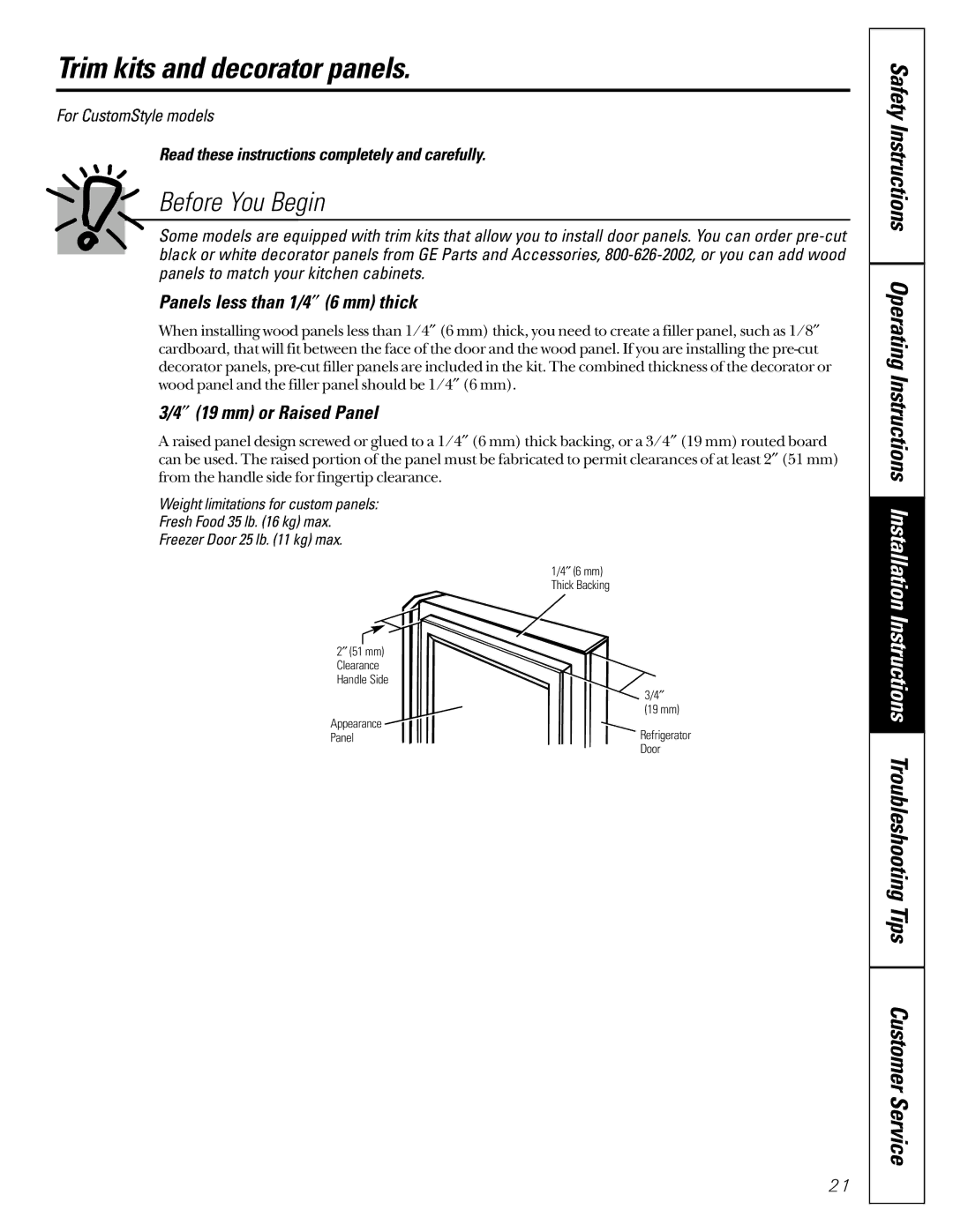 GE TPX24PBDWW, TPX24PBDCC Trim kits and decorator panels, Panels less than 1/4″ 6 mm thick, ″ 19 mm or Raised Panel 