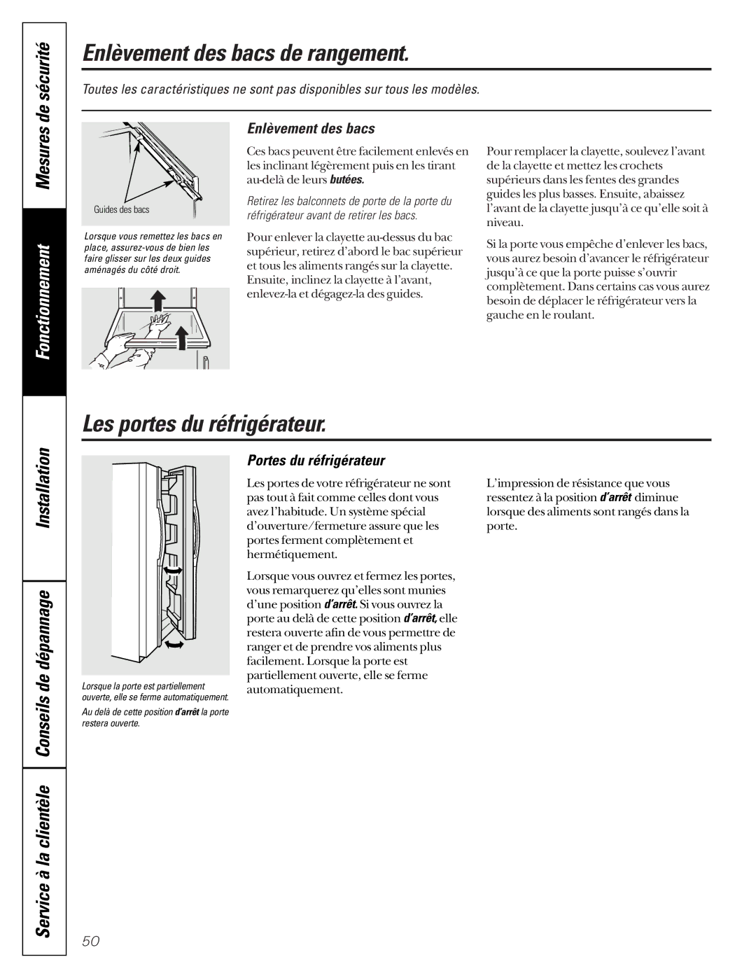 GE TPX24PBDCC Enlèvement des bacs de rangement, Les portes du réfrigérateur, Portes du réfrigérateur, Guides des bacs 