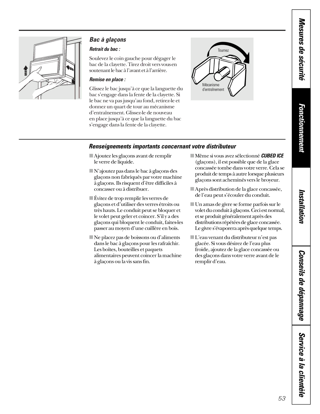 GE TPX24PBDBB, TPX24PBDCC Conseils de dépannage Service à la clientèle, Bac à glaçons, Retrait du bac, Remise en place 