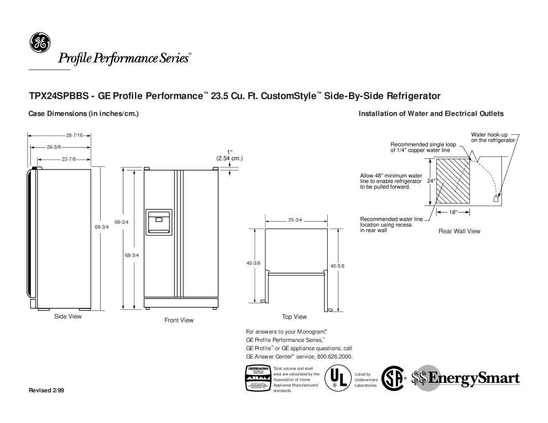 GE TPX24SPBBS dimensions Case Dimensions in inches/cm, Installation of Water and Electrical Outlets, Revised 2/99 