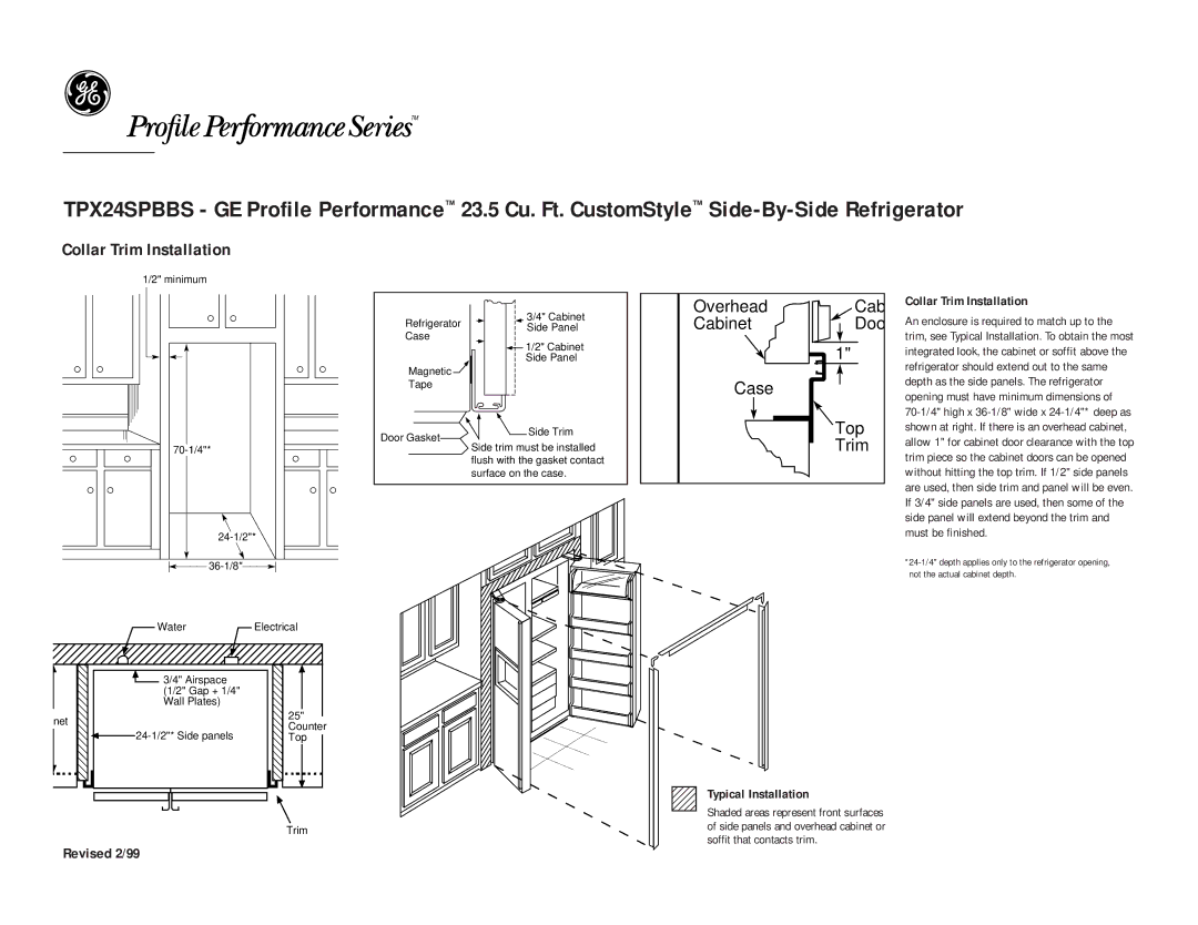 GE TPX24SPBBS dimensions Collar Trim Installation, OverheadCab CabinetDoo Case Top Trim, Typical Installation 