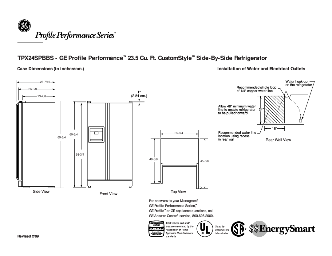 GE TPX24SPBBS dimensions Case Dimensions in inches/cm, Installation of Water and Electrical Outlets, Revised 2/99 