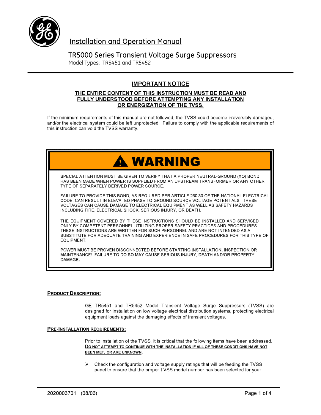 GE TR5452, TR5451 operation manual Product Description, PRE-INSTALLATION Requirements 