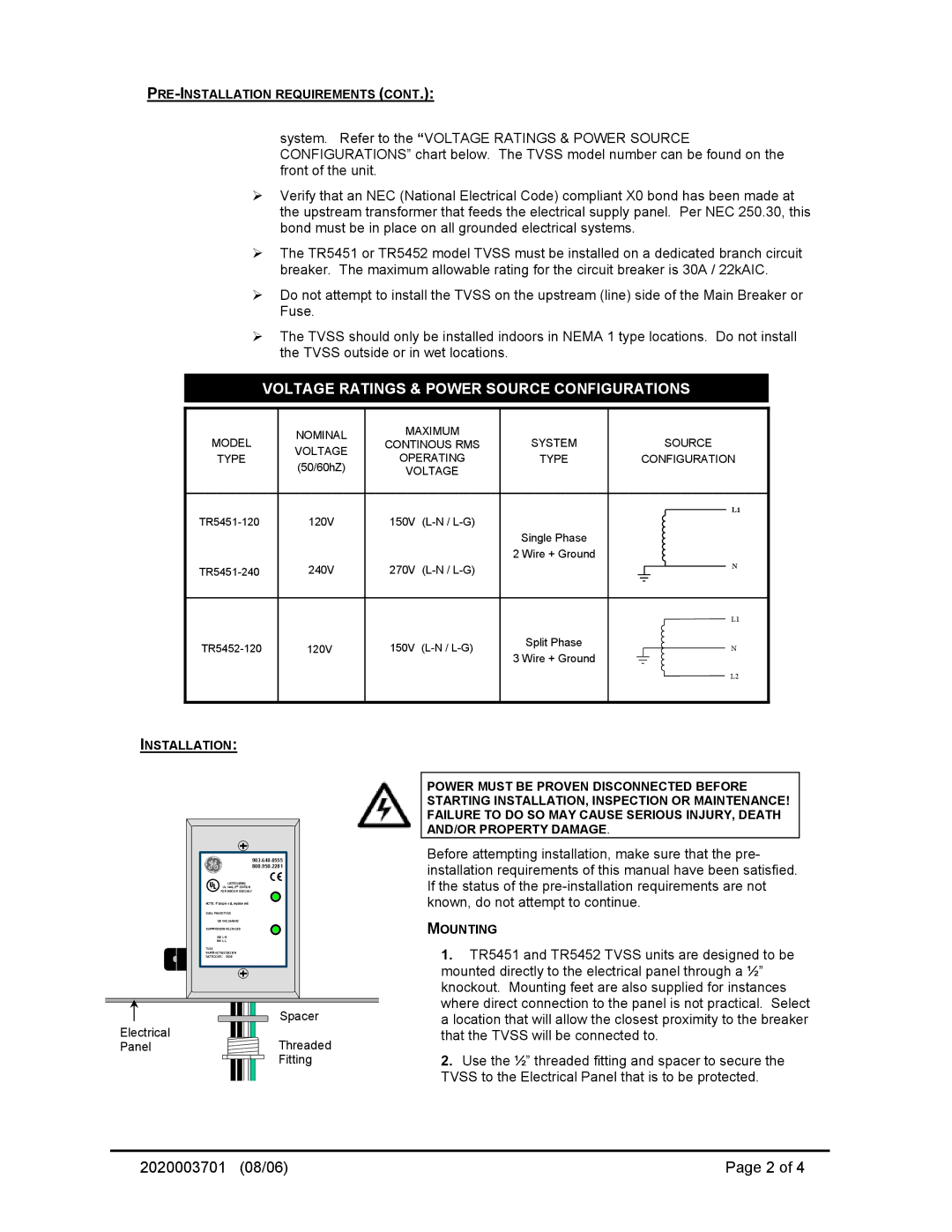 GE TR5451, TR5452 operation manual Voltage Ratings & Power Source Configurations, Mounting 