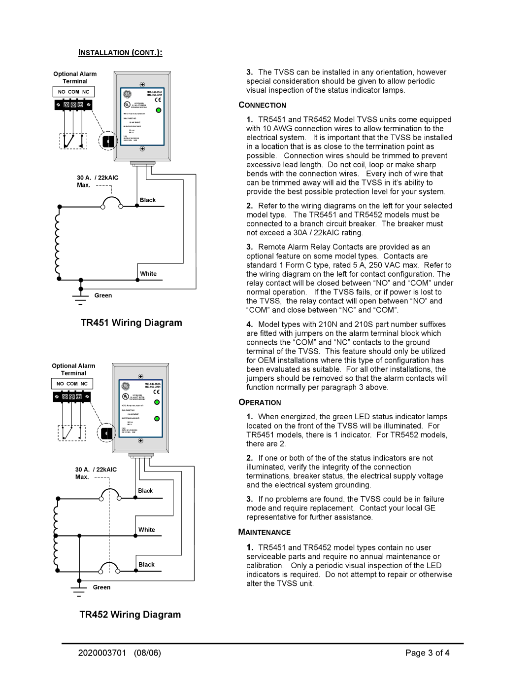 GE TR5452, TR5451 operation manual Installation, Connection, Operation, Maintenance 