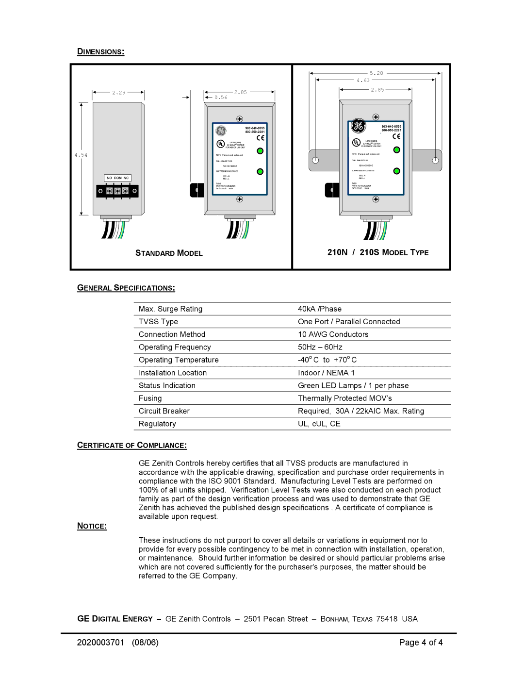 GE TR5451, TR5452 operation manual Dimensions, Standard Model, General Specifications, Certificate of Compliance 