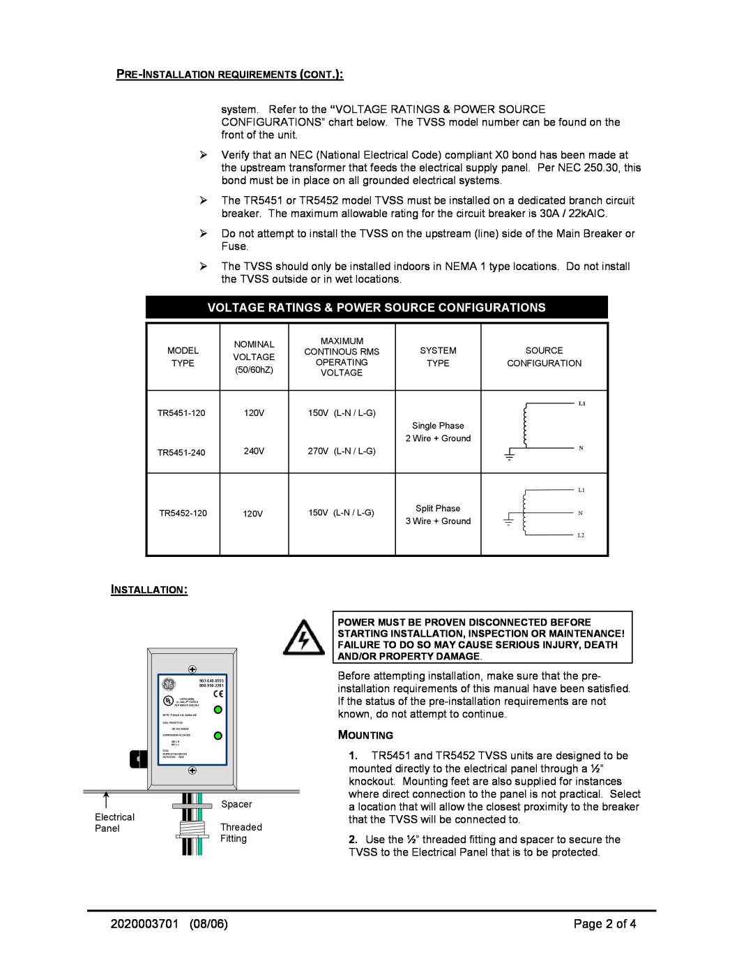 GE TR5451, TR5452 operation manual 2020003701, 08/06, Page 2 of, Voltage Ratings & Power Source Configurations 