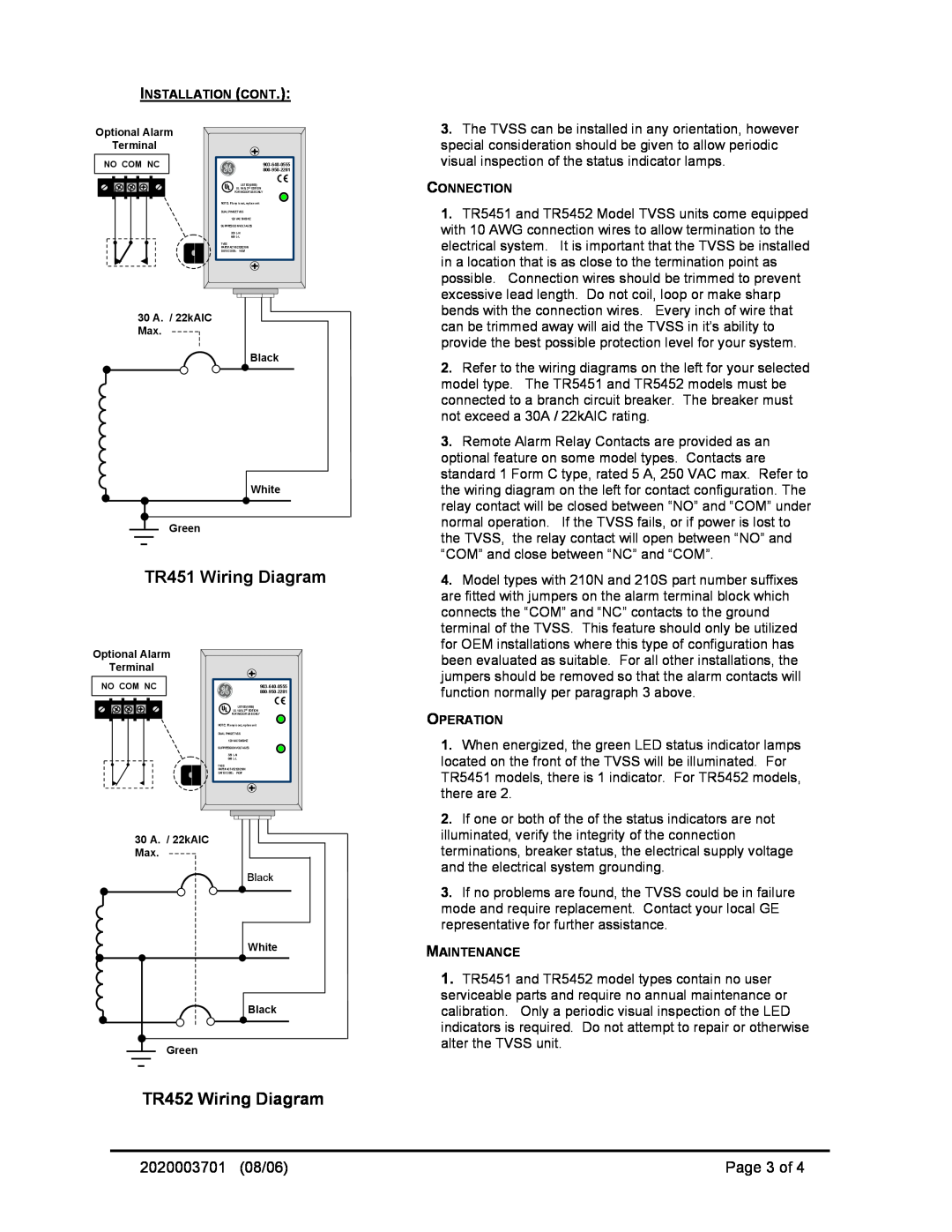 GE TR5452, TR5451 TR451 Wiring Diagram, TR452 Wiring Diagram, Page 3 of, 2020003701 08/06, Installation Cont, Connection 