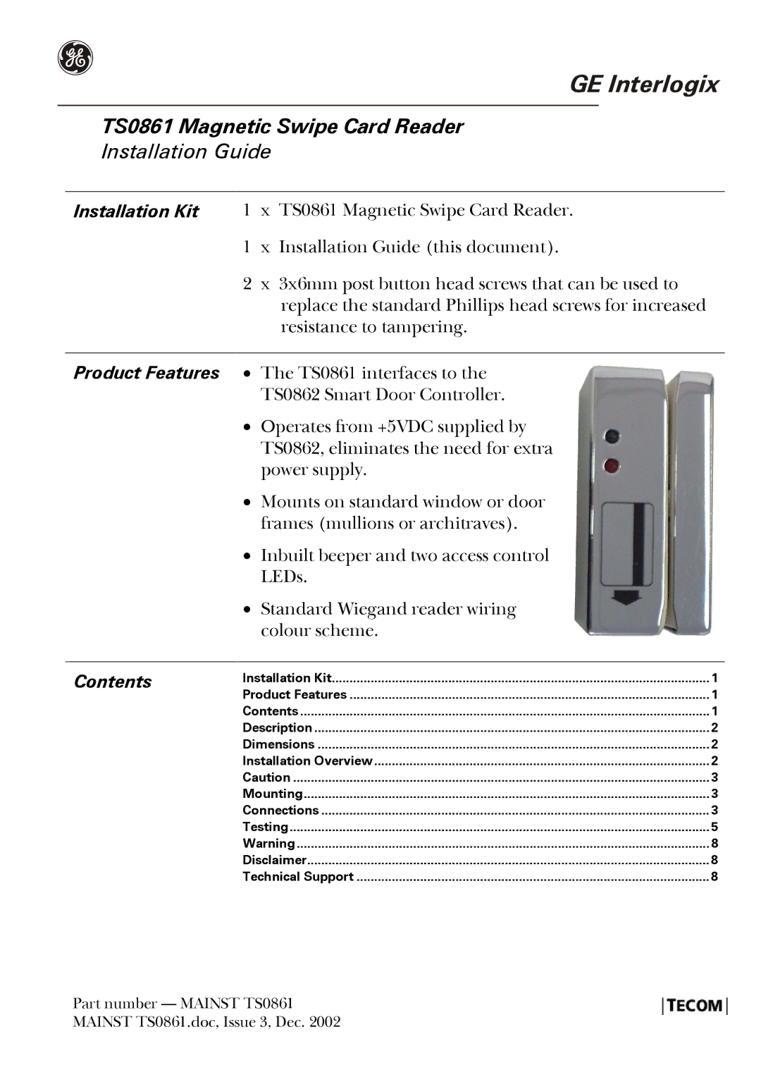 GE TS0861 dimensions Installation Kit, Contents 