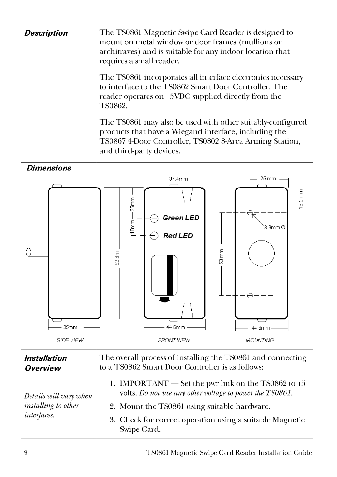 GE TS0861 dimensions Description, Dimensions Installation Overview, Details will vary when installing to other interfaces 