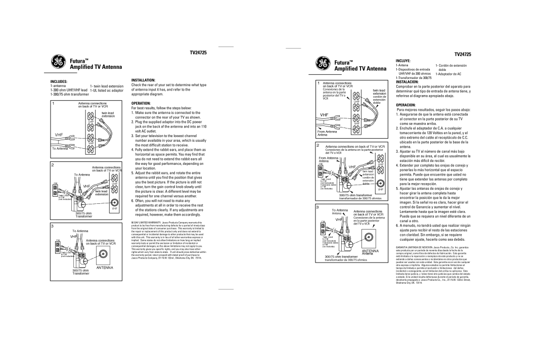 GE TV24725 warranty Incluye, Includes, Installation, Operation, Instalacion, Operacion 
