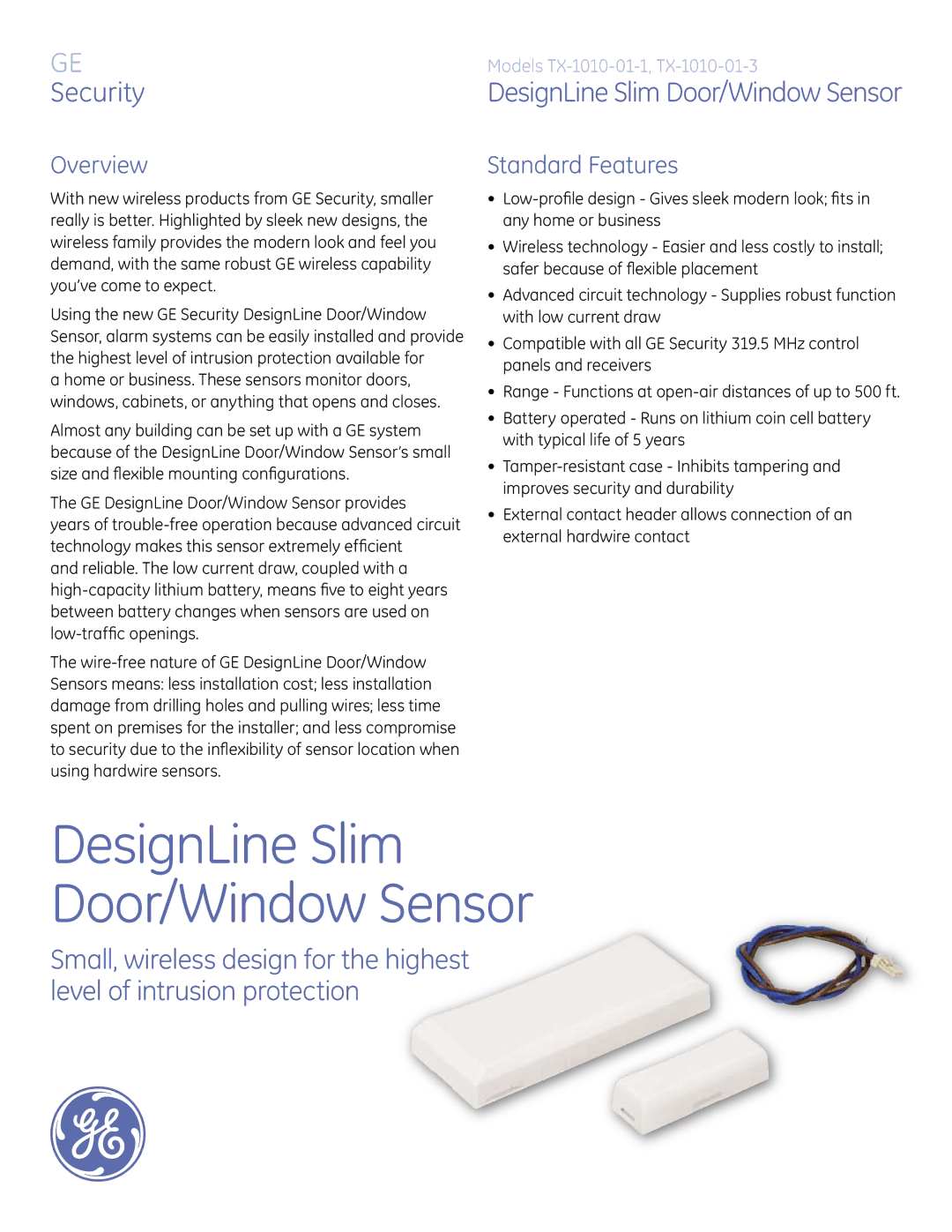 GE TX-1010-01-3, TX-1010-01-1 manual DesignLine Slim Door/Window Sensor, Security, Overview, Standard Features 