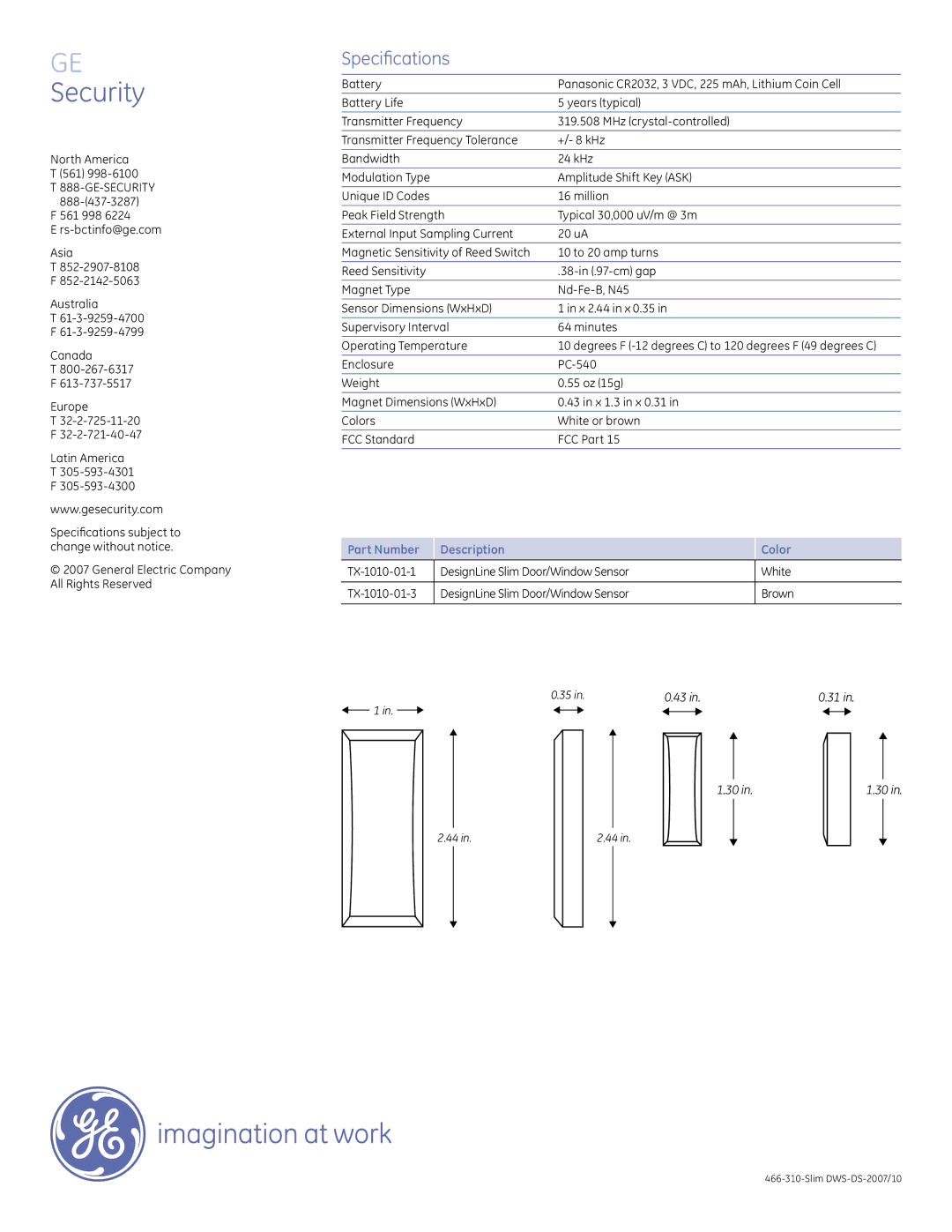 GE TX-1010-01-1, TX-1010-01-3 manual Specifications, Ge-Security, Part Number Description Color 