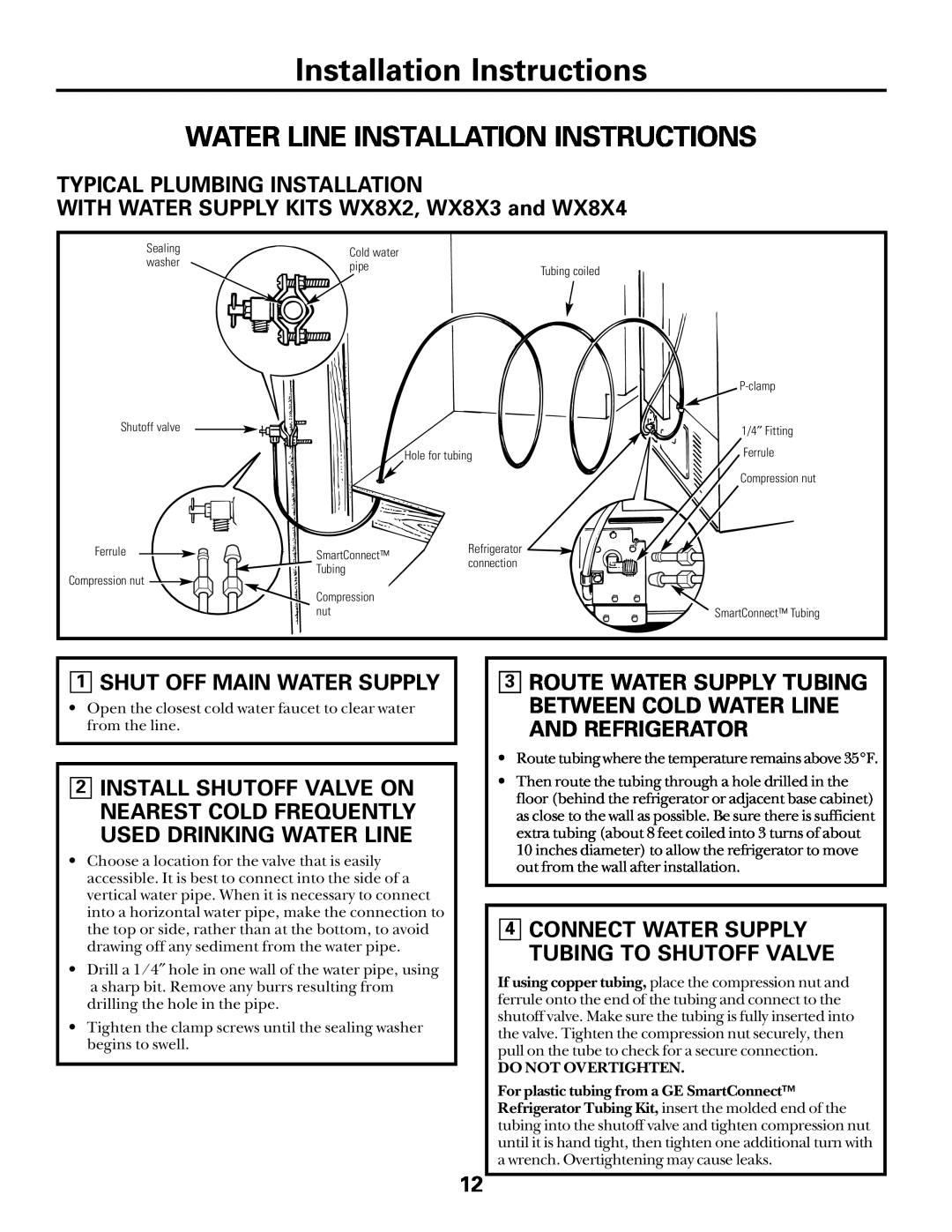 GE UK-KIT-3S Typical Plumbing Installation, WITH WATER SUPPLY KITS WX8X2, WX8X3 and WX8X4, 1SHUT OFF MAIN WATER SUPPLY 