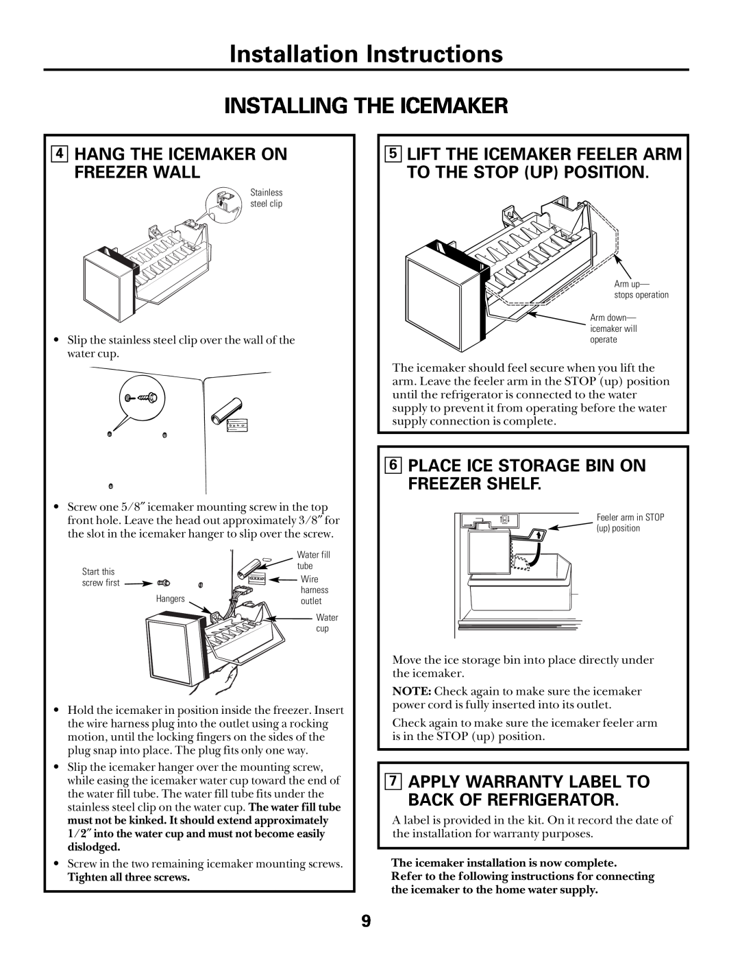 GE UK-KIT-3S 4HANG THE ICEMAKER ON FREEZER WALL, 6PLACE ICE STORAGE BIN ON FREEZER SHELF, Installation Instructions 