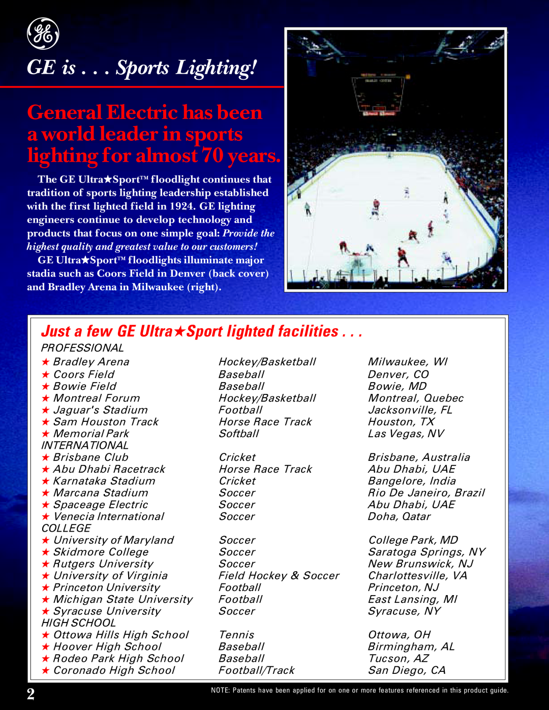 GE manual GE is . . . Sports Lighting, Just a few GE UltraSport lighted facilities 