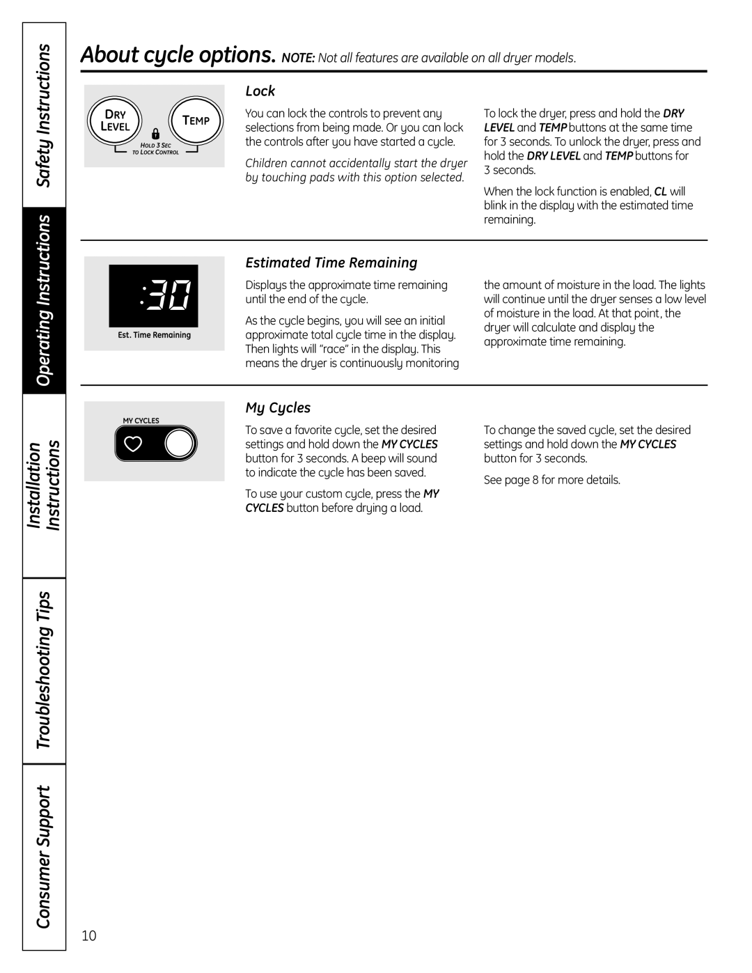 GE UPGT650, DPGT650 operating instructions Installation Instructions, Lock, Estimated Time Remaining 