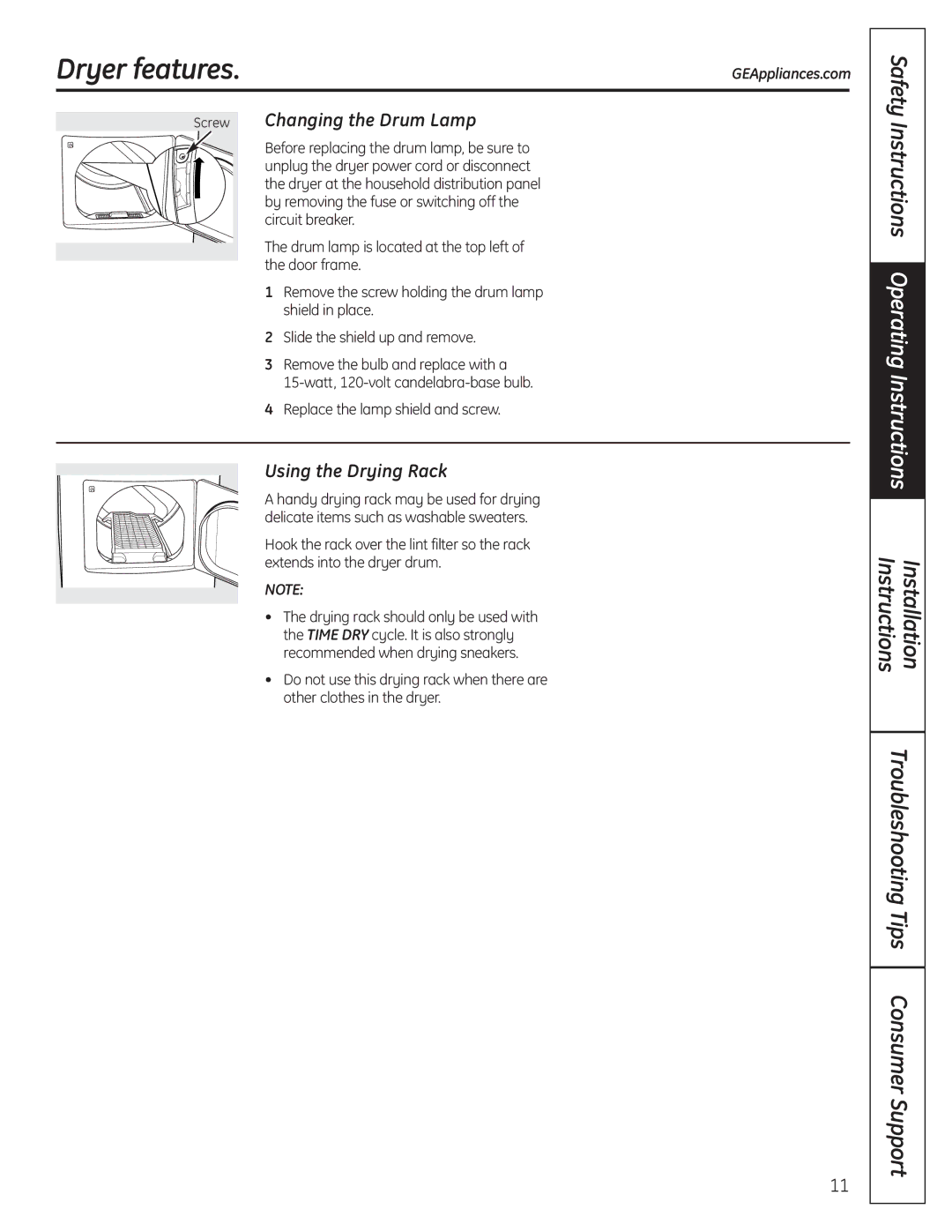 GE DPGT650, UPGT650 operating instructions Dryer features, Screw Changing the Drum Lamp, Using the Drying Rack 