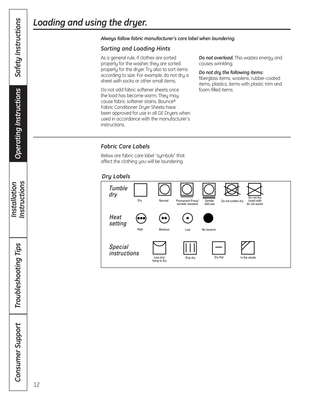 GE UPGT650, DPGT650 Loading and using the dryer, Sorting and Loading Hints, Fabric Care Labels, Dry Labels 